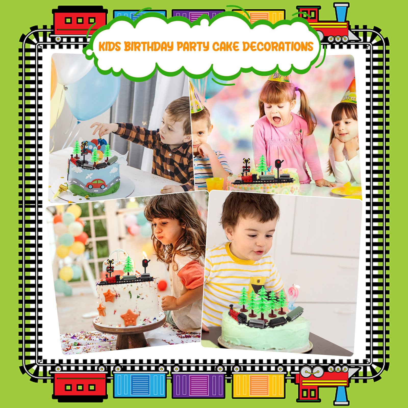 13 Pack Train Themed Cake Toppers Stand Up Train Pull-back Model Mini Train Toy Traffic Track Railway Lights Cake Decor with Green Tree Vintage Steam Engine Train Mix 8-12" Circle Cake Decorations - Image 4