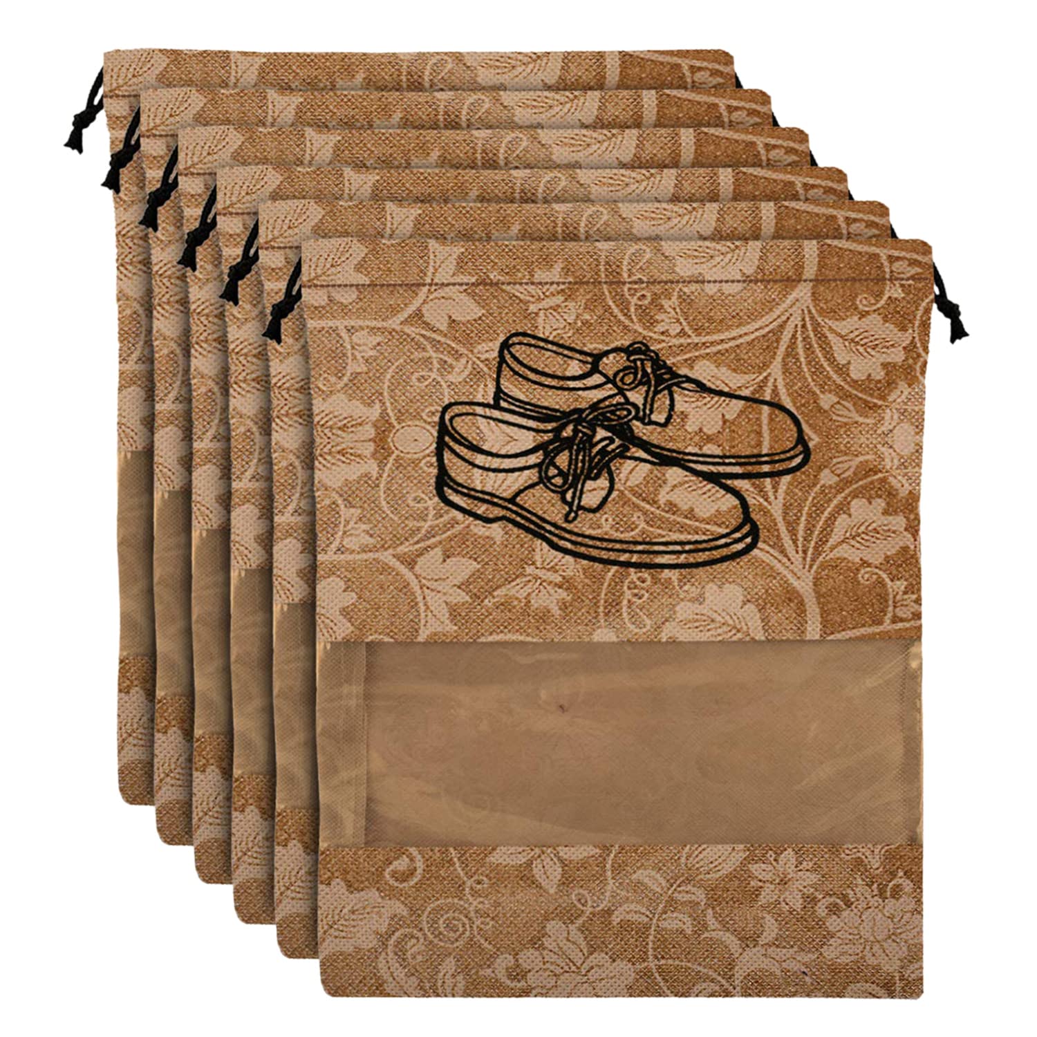 Kuber Industries Metalic Floral Shoe Cover for Traveling|Non Woven Drawstring Bag|Shoe Bags for Shoes, Slipper, Heels|Transparent Window|Pack of 6 (Brown)-picture-14