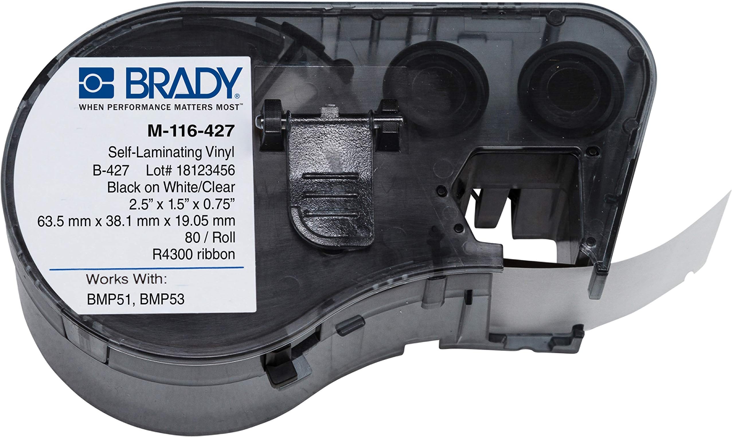 Brady M-116-427 Vinyl B-427 Black on White/Clear Label Maker Cartridge, 2-1/2" Width x 1-1/2" Height, For BMP51/BMP53 Printers