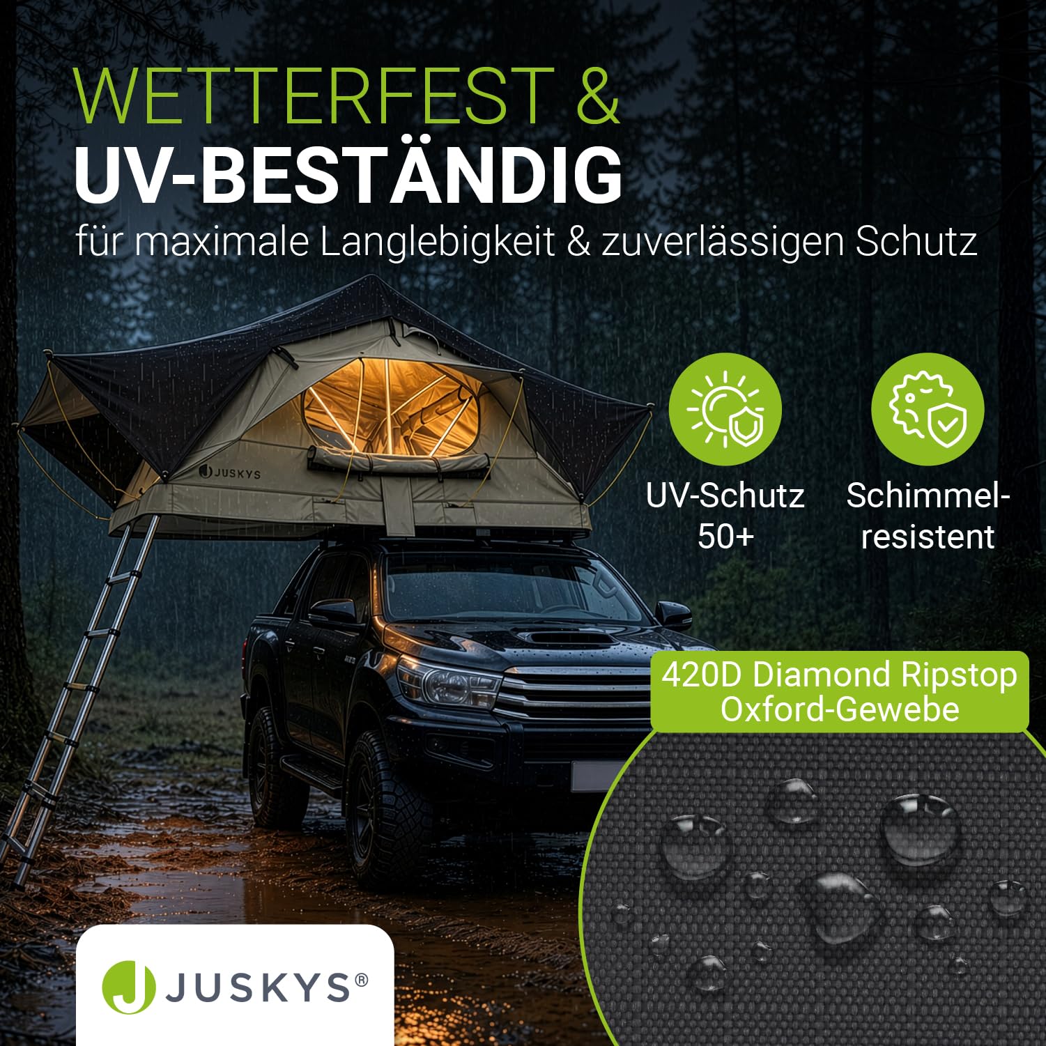 Juskys Autodachzelt Lago - Robuste Konstruktion, wasserabweisend & UV-Schutz, Autodachzelt, Camping, LED-Beleuchtung