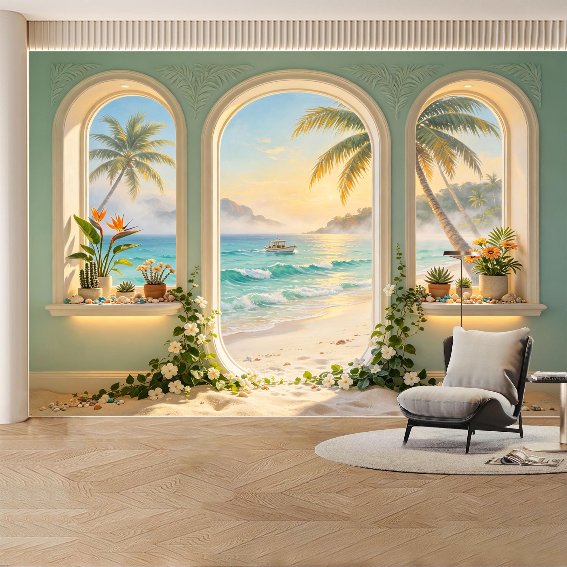 Custom Wall Mural Wallpaper Tropical Beach Ocean Landscape 3D Effect Wall Decor Large Wall Art Sunset Misty Removable SelfAdhesive Large Photo for Living Room， Bedroom， Office