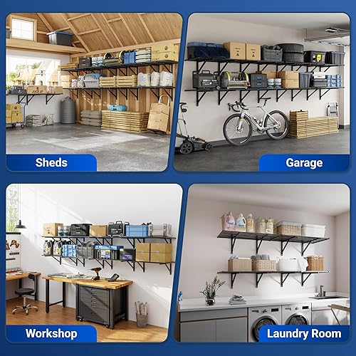 Miniatura 7 de FLEXIMOUNTS Estantería de pared para almacenamiento de garaje resistente de 2 x 6 pies, capacidad de carga de 1600 libras, paquete de 2 estantes de