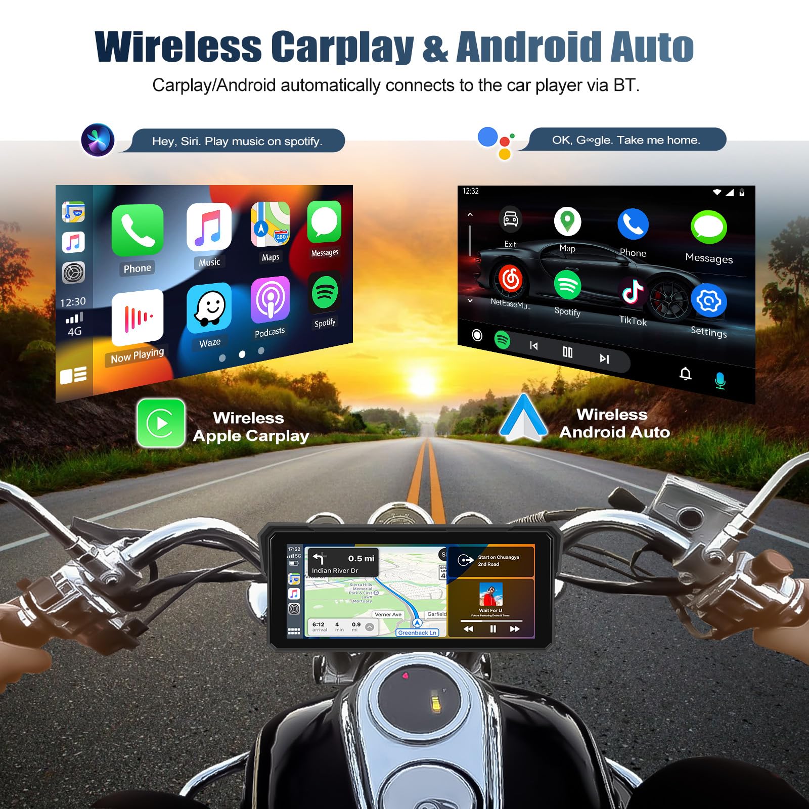 CAMECHO Écran Moto 8.1 Pouces HD IP68 Dash Cam, CarPlay/Android Auto sans Fil, Mirroring iOS/Android &Bluetooth | Support Vertical Universel avec Fonds d’Écran