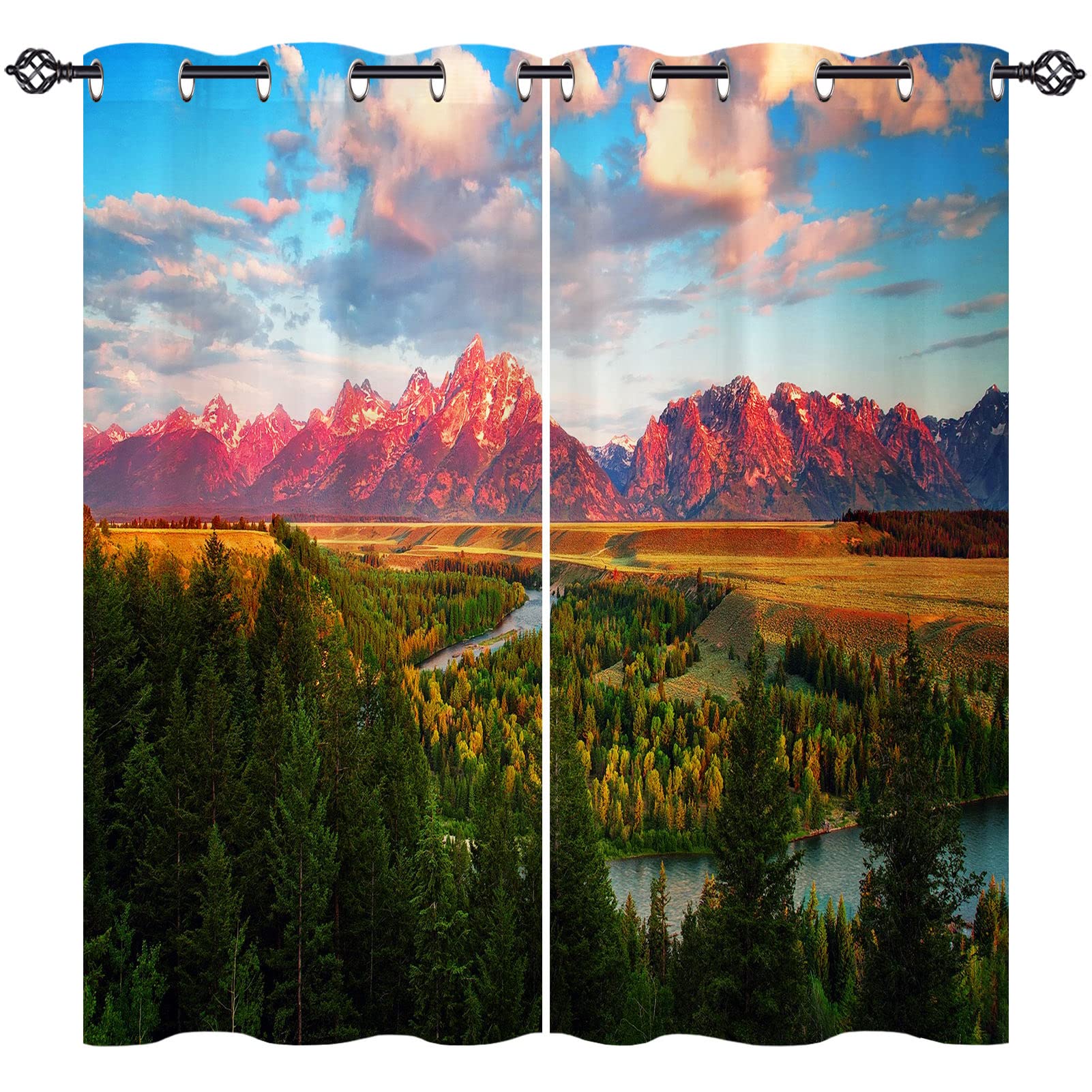 ANHOPE Nature Curtains Eyelet 80% Blackout Room Darkening Curtains with Forest River Mountain Scenery Print Pattern Thermal Insulated Window Drapes for Bedroom Living Room 46 x 54 Inch Drop 2 Panels