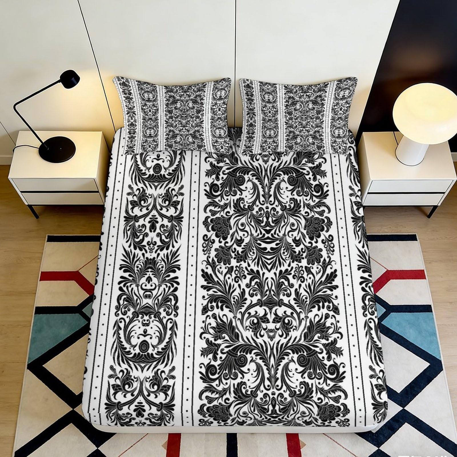 3D Printed Black Baroque Fitted Sheet Microfiber Soft Ornate Floral Mattress Cover for Bedroom Dorm Decor 90x200x25cm
