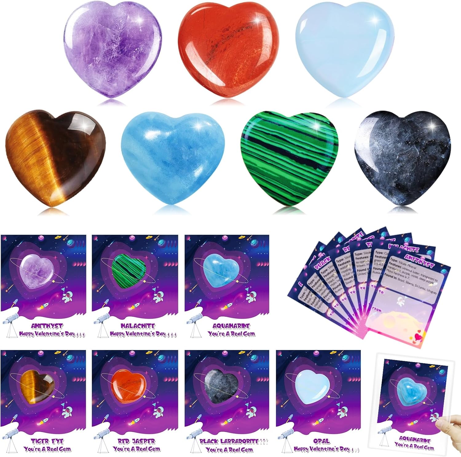 28 Pcs Valentines Day Gifts for Kids Classroom - Heart Gemstones with Valentines Cards Goodie Bags, Crystal Rocks Bulk Exchange Party Favors for Girls Boys, School Teacher Prizes