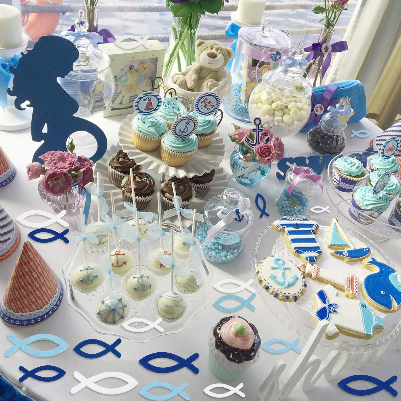 ShipeeKin 90 decorazioni Fischer (bianco, blu navy, azzurro) con 6 pezzi croce d'argento, decorazione da tavolo in legno, decorazione da tavolo, per battesimo, comunione, cresima