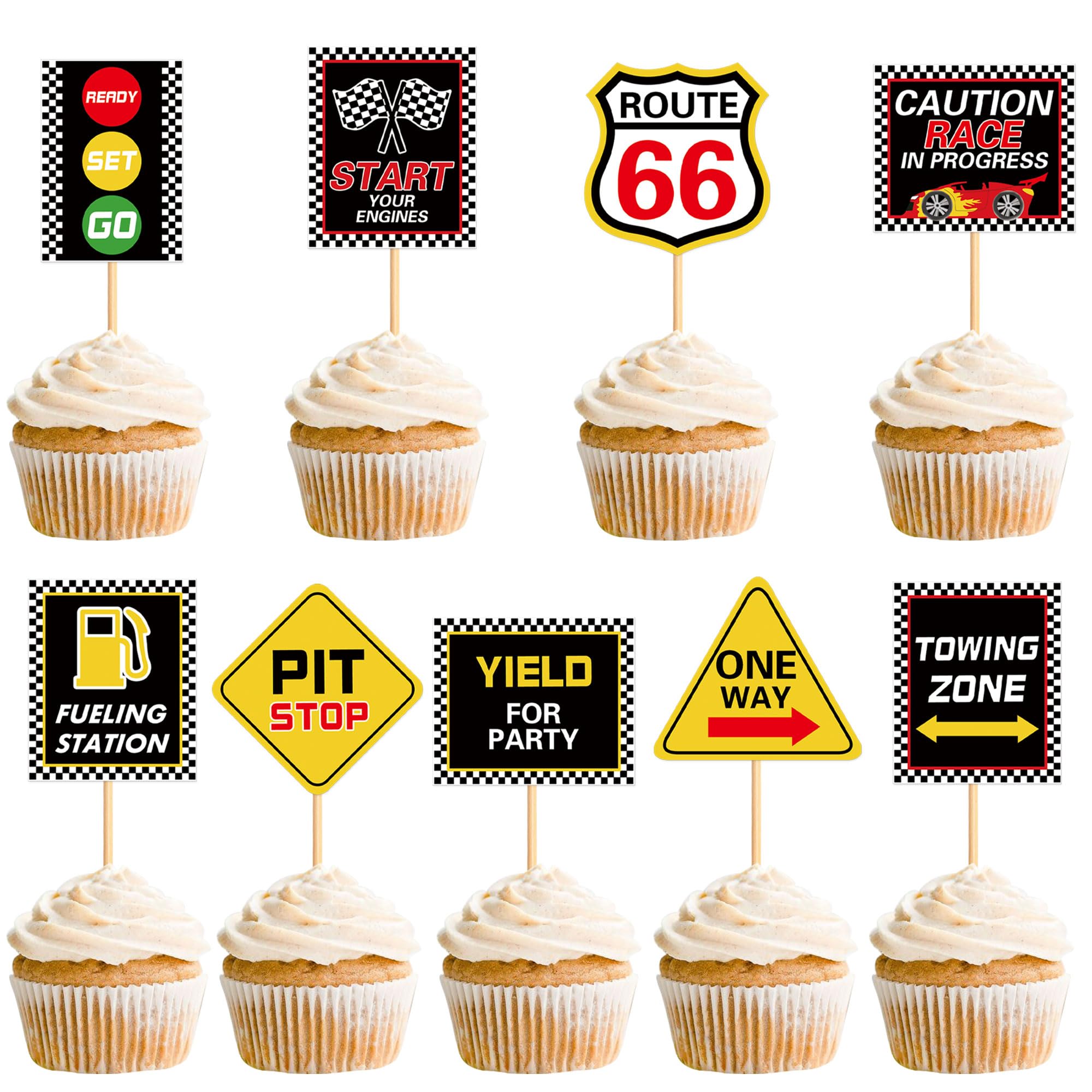 36PCS Race Car Cupcake Toppers Racing Warning Signs Party Decorations Baby Shower Drink Topper Boy Children Birthday Party Decorations Racing Theme