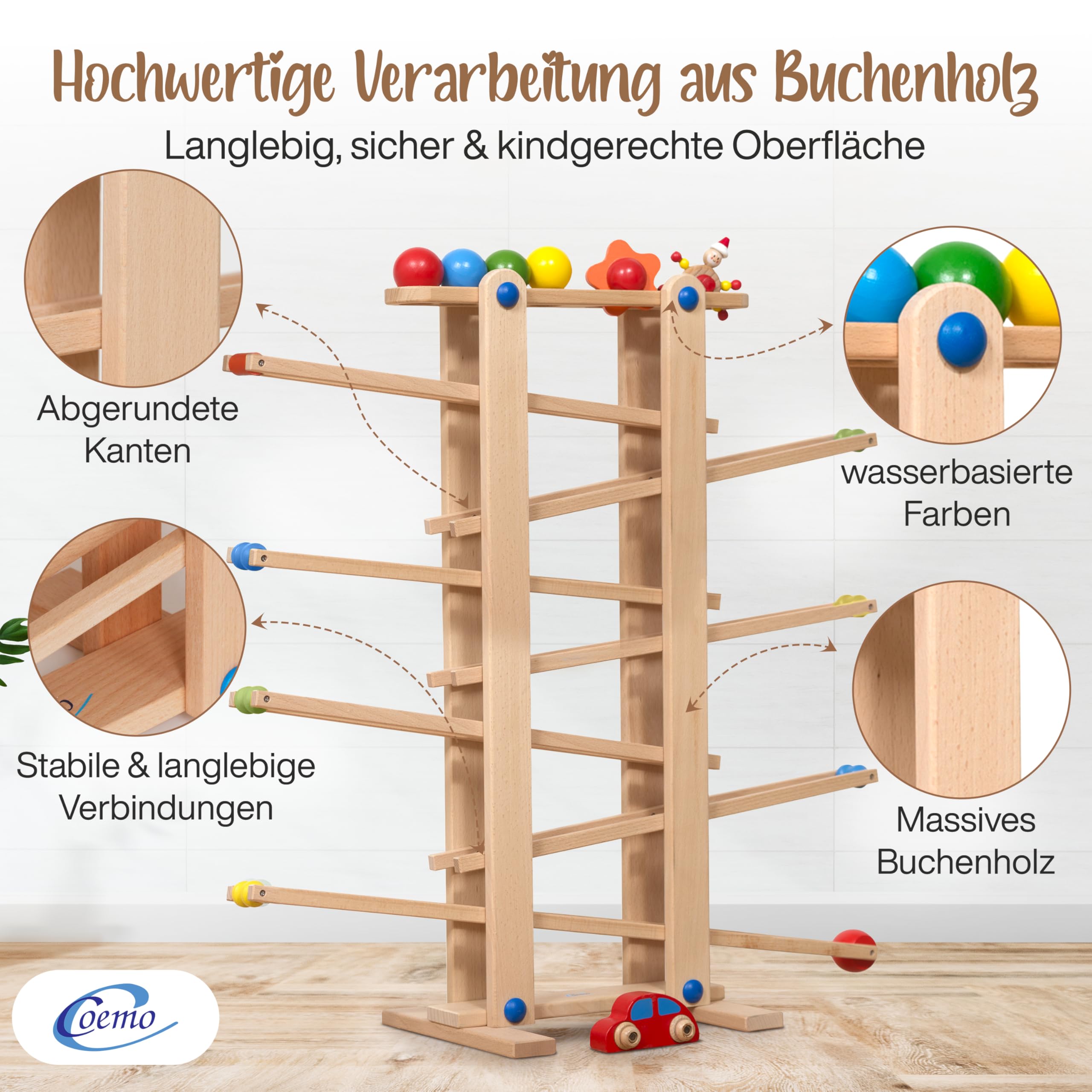 Coemo Stabile Kugelbahn XL aus Holz, Natur, 7 niedliche Mobile wie Auto | Blume, Kasper, große Murmelbahn für Kinder, Rennbahn für Baby und Kleinkind, Motorikspielzeug, Hochwertiges Buchenholz