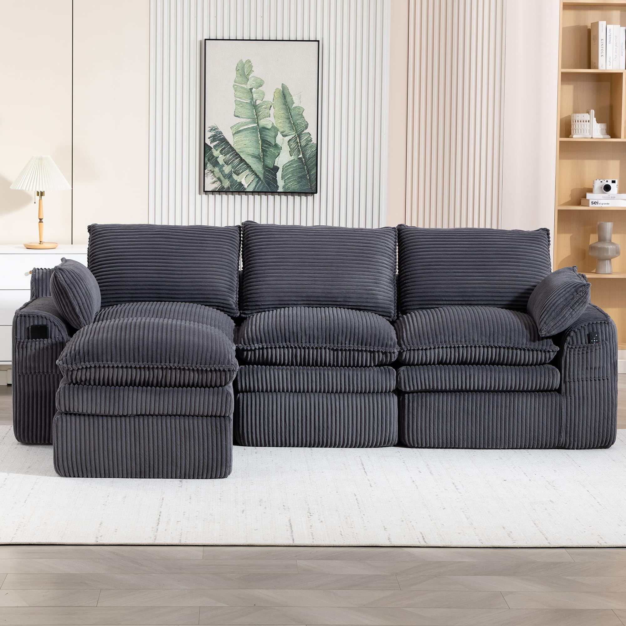 Divano modulare a 3 posti con sgabello, grigio scuro, cuscino incluso, 2 tasche laterali, schiuma a 3 strati, anima a molle, rimbalzo rapido, combinabile liberamente, ideale per soggiorno