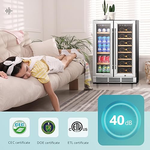 Miniatura 7 de EUHOMY Refrigerador de vino y bebidas, enfriador de vino de doble zona de 24 pulgadas con puerta de vidrio, 21 botellas y 88 latas, refrigerador de