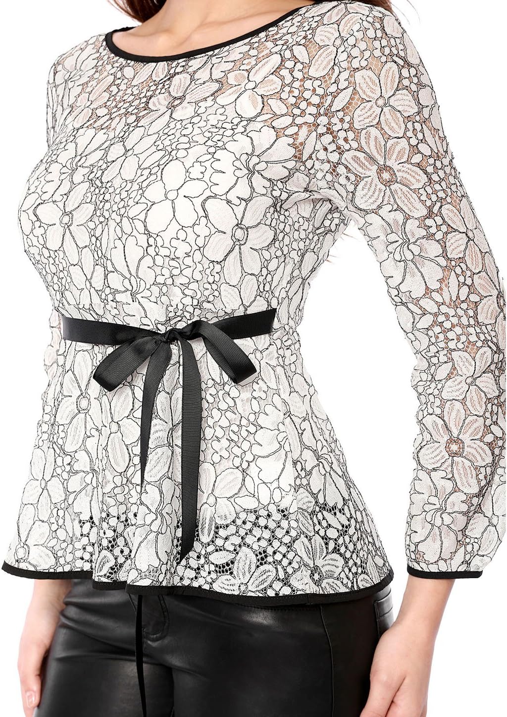 Allegra K Women's Elegant Tie Waist Long Sleeve Top Lace Peplum Blouses - Image 6