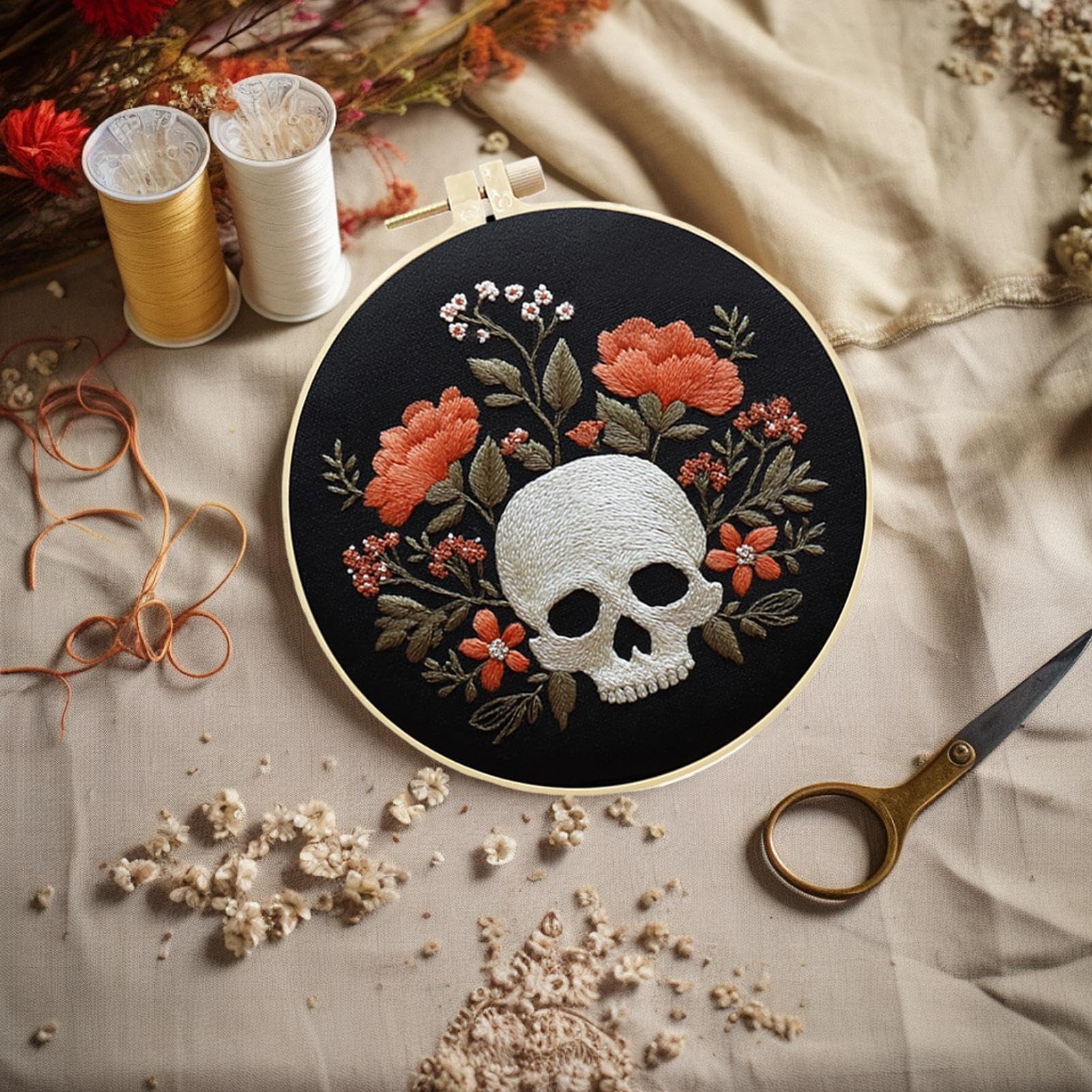 Genérico Kit De Bordado Gótico Manualidades góticas completas hechas a mano | Bordado Calavera Halloween para Principiantes Adultos Mujeres Mamá Esposa Familia Amantes Manualidades Entusiastas