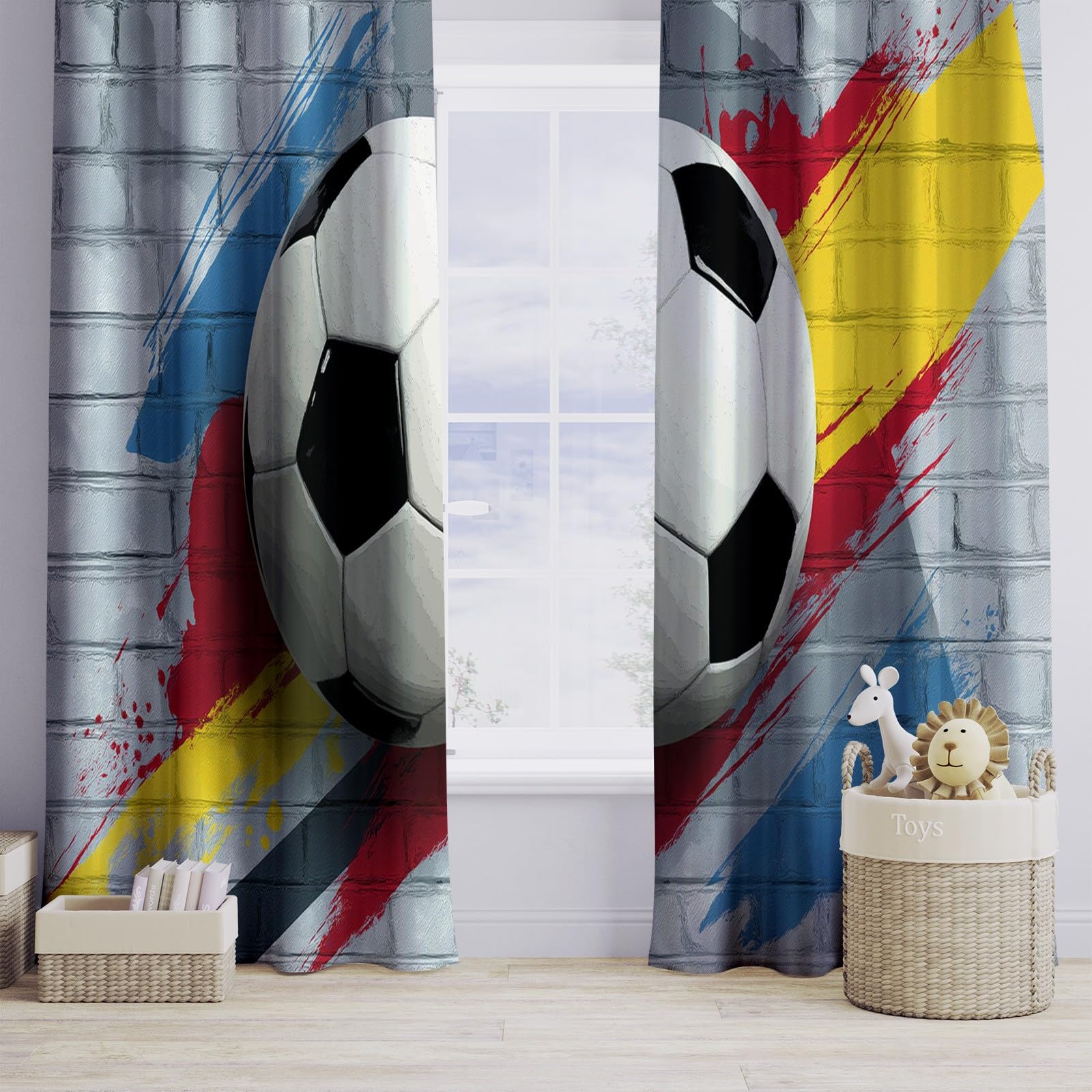 Generisch Grau Vorhang Blickdicht Thermovorhang Graffiti-Stil Backsteinmauer Fußball Gardinen, Wohnzimmer kälteschutz mit Ösen Vorhänge für Schlafzimmer Wohnzimmer Fenster H183 x B117 cm (2er Pack)