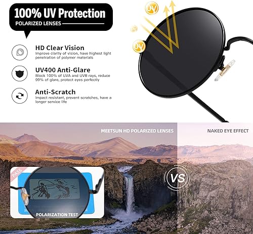Miniatura 6 de MEETSUN Gafas de sol redondas pequeñas polarizadas para hombres y mujeres, retro, vintage, círculo, hippie, UV400