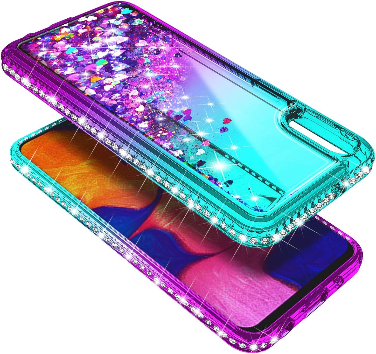 Galaxy A10E Case with Tempered Glass Screen Protector (Full Coverage), NageBee Glitter Liquid Floating Waterfall Durable Girls Women Cute Case for Samsung Galaxy A10E -Aqua/Purple