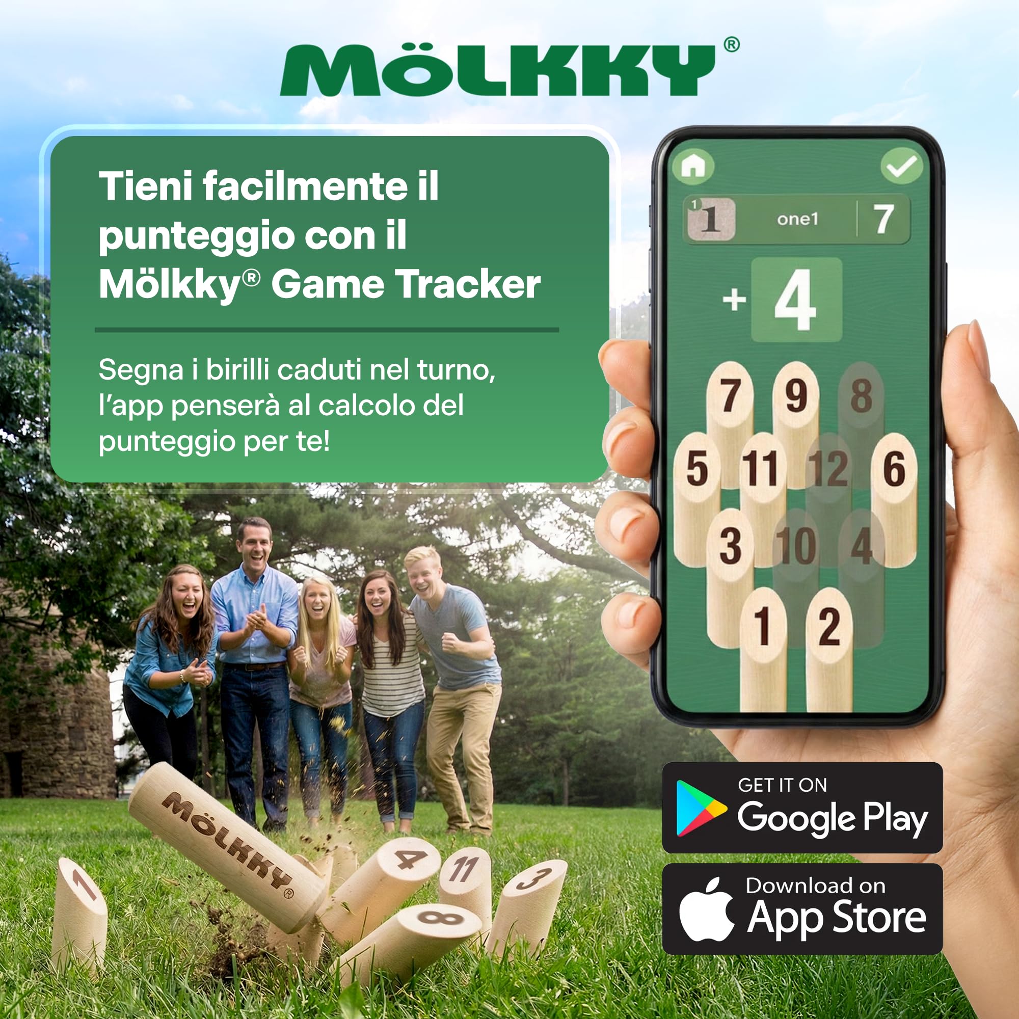 Mölkky Original - Giochi da Lancio all'aperto per Giardino, Spiaggia, Feste - 12 Birilli in Legno di Betulla, 1 Bastoncino, Giochi all Aperto Adulti, Famiglie, Gruppi, 2+ Giocatori, età 6+