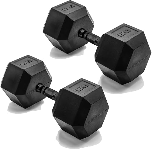 CAP Rubber Coated Dumbbell Weights, Free Weights for Home Gym Strength Training, Anti-Roll Hex Dumbbells with Black, Chrome & Comfort Grip Handles, Pairs & Sets