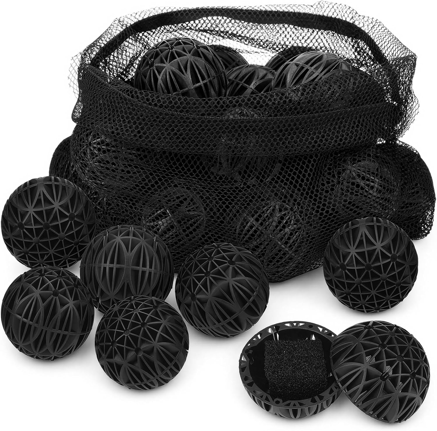 VIHOSE 20 Count 3 Inch Black Large Bio Balls Media Filter Durable Fish Pond Filter Media with Sponge Biological Filtration Mediums for Pond Aquarium Fish Tanks Filters with 12" x 16" Mesh Bag
