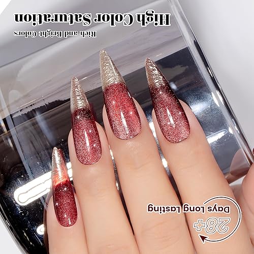 Miniatura 4 de YTD Likomey Juego de Esmalte de Uñas en Gel, Rojo Baya 2 Piezas 15ml Ojo de Gato con Brillo y Conjunto Rojo Sangre Translúcido, Otoño Invierno