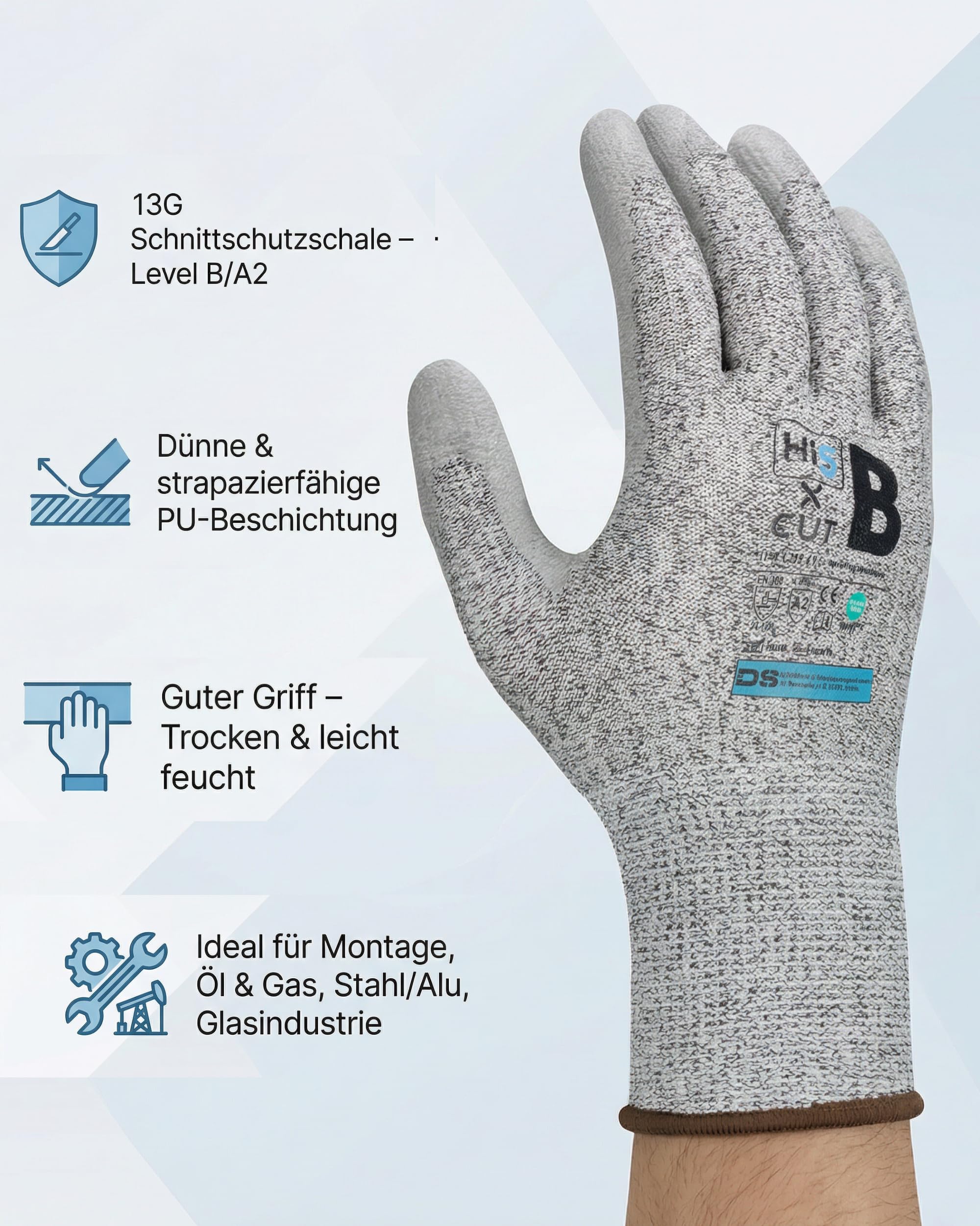 Hi5 X-Cut Schnittschutzhandschuhe 4X42B – 13G UHMWPE/Nylon/Spandex – PU-Handflächenbeschichtung – Schnittschutz Level B – EN 388 – grau (XL, 120, stück)