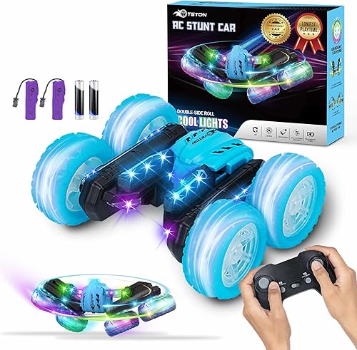 TETON ELECTRONICS Coche de acrobacias a control remoto de doble cara, giro de 360, faros LED y ruedas de luz coloridas, todo terreno 4WD, autos de
