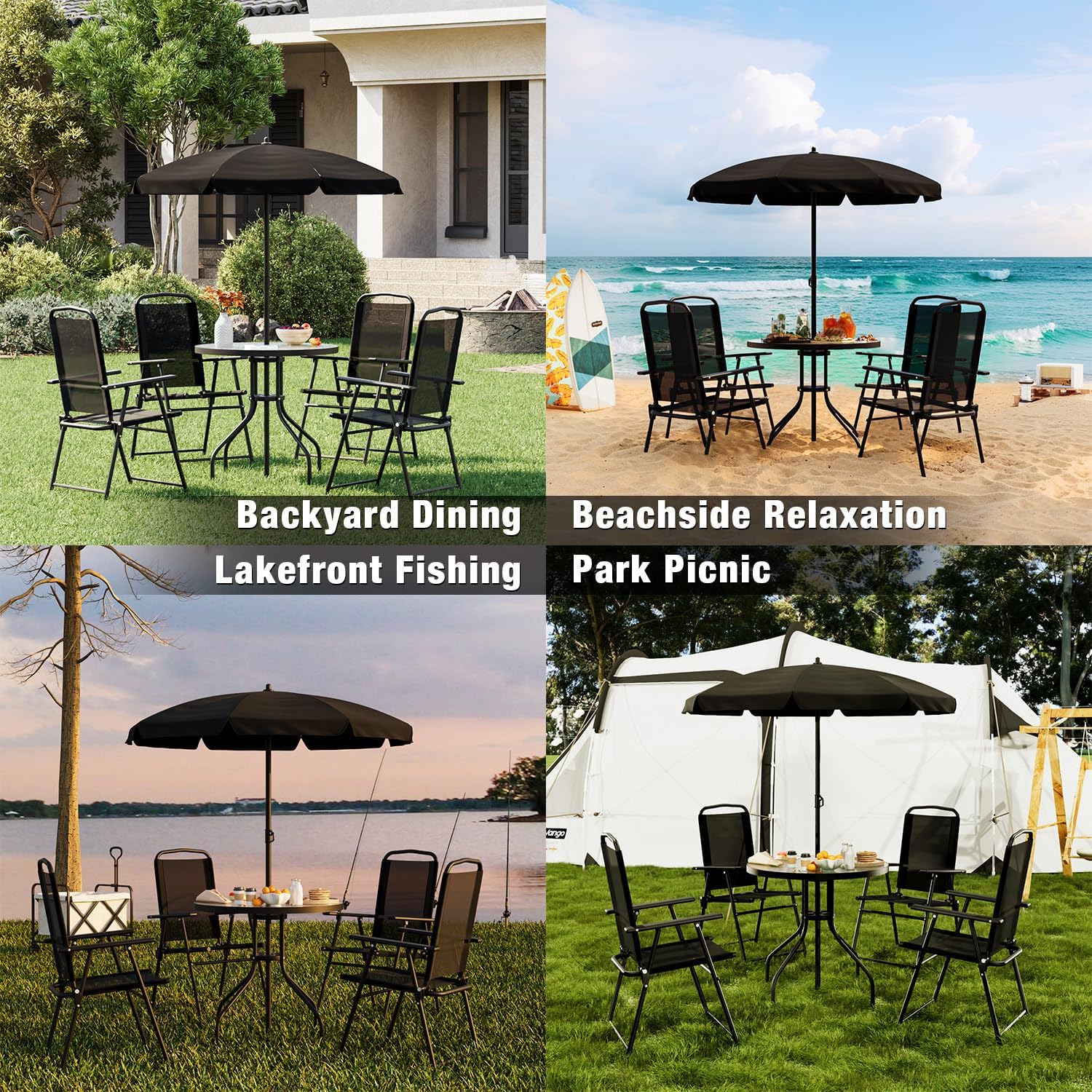 TAVATA Patio Dining Set with Umbrella, Patio Table and Chairs Set with Round Glass Table, 4 Folding Chairs, 6 Piece Outdoor Furniture Sets for Garden, Lawn, Backyard, Deck (Black)