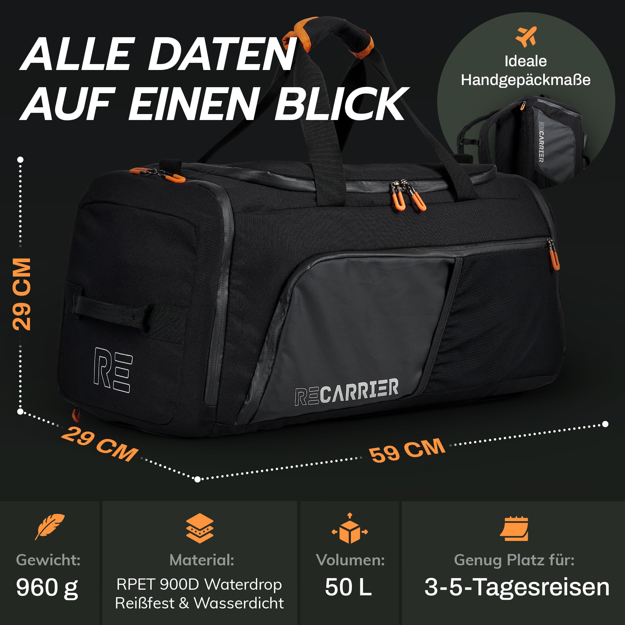 Sporttasche [RECYCELTES PET] 50L – Gym Bag und Rucksack in Einem – wasserdichte Trainingstasche Herren Damen – Sportrucksack mit Schuhfach Fitness, Reisetasche groß