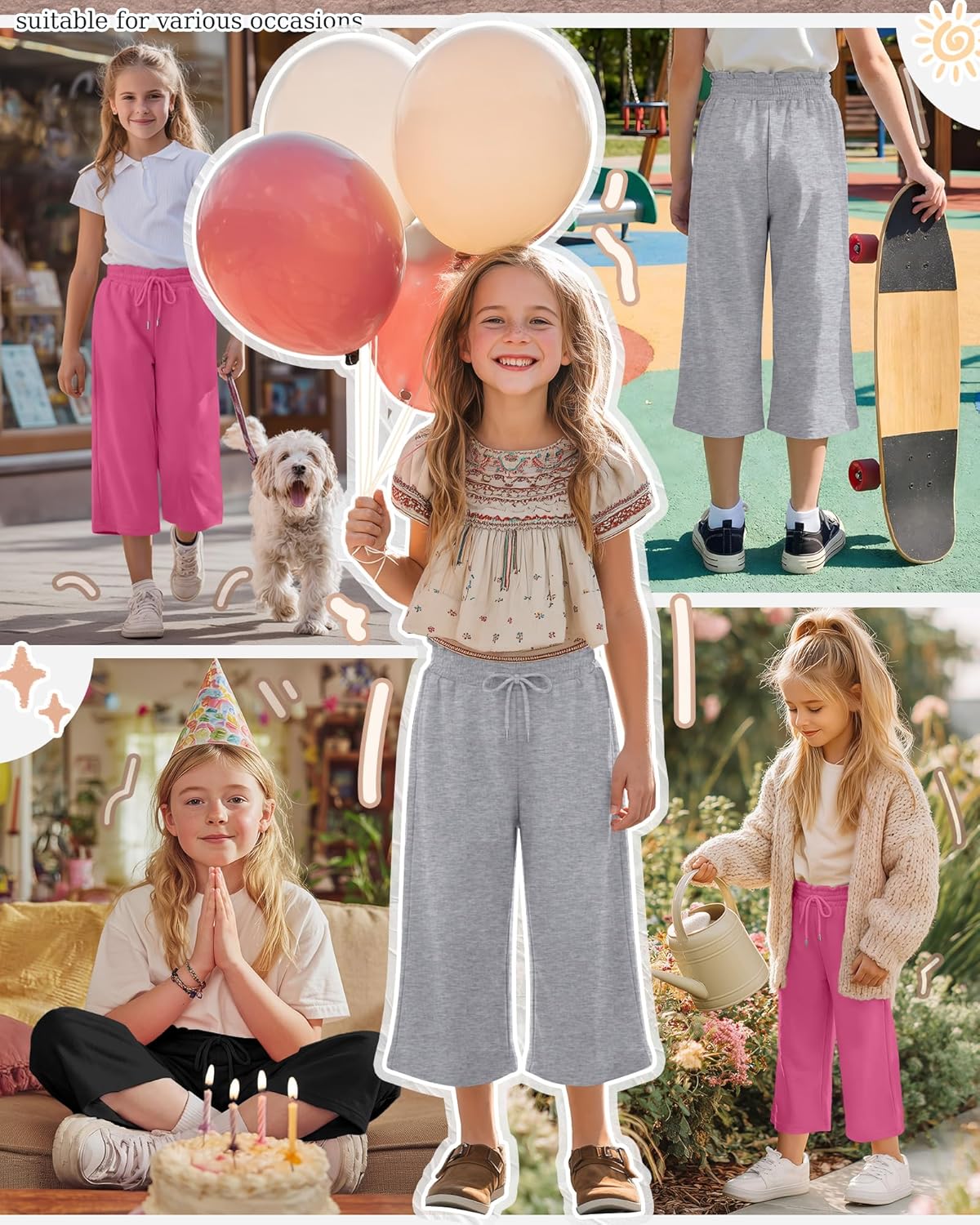 3 Pack Girls' Capris Teen Wide Leg Capri Pants Drawstring Lettuce Elastic Waist Loose Fit Sweatpants with Pockets