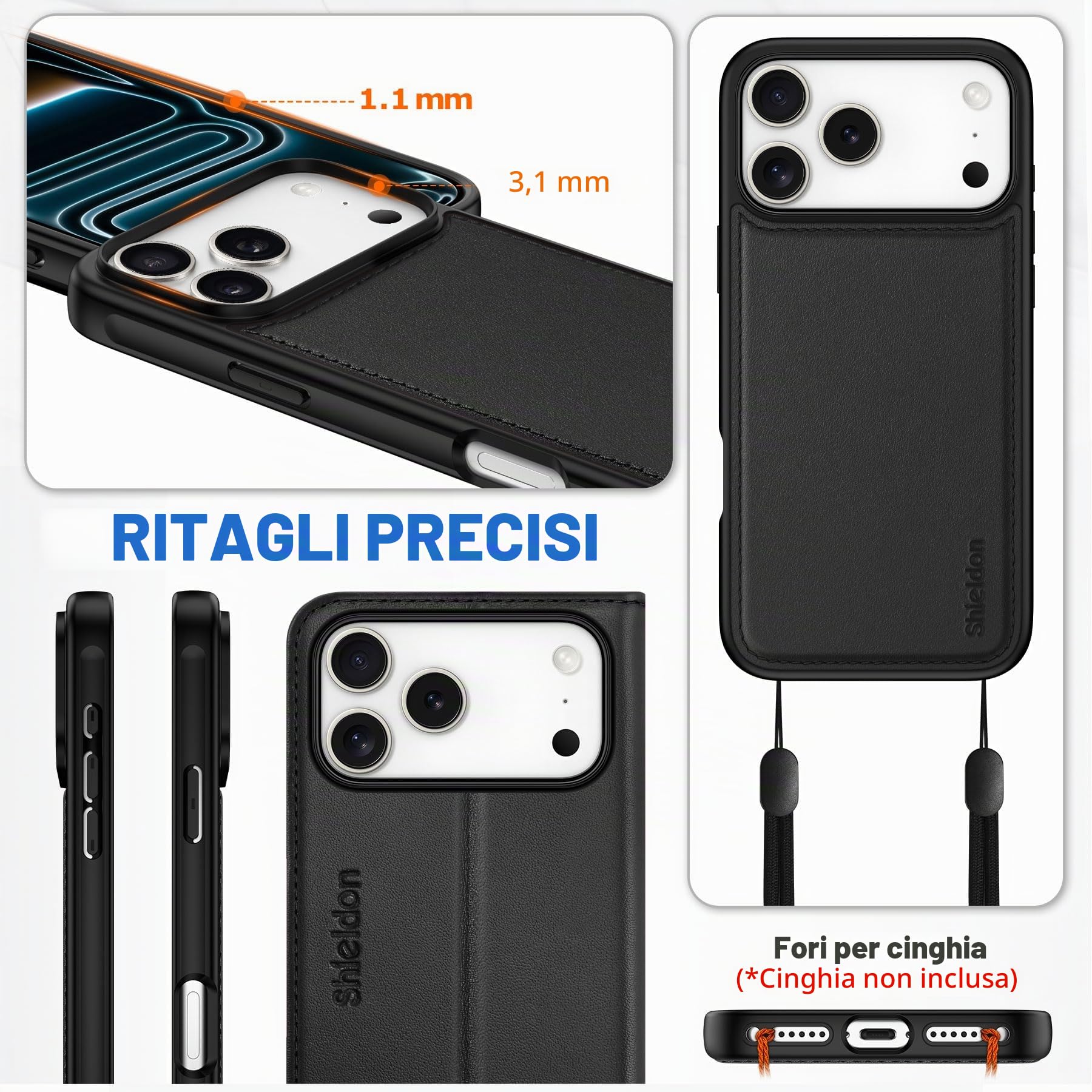 SHIELDON Custodia Vera Pelle per iPhone 17 Pro Max 6,9" 5G 2025, Nero
