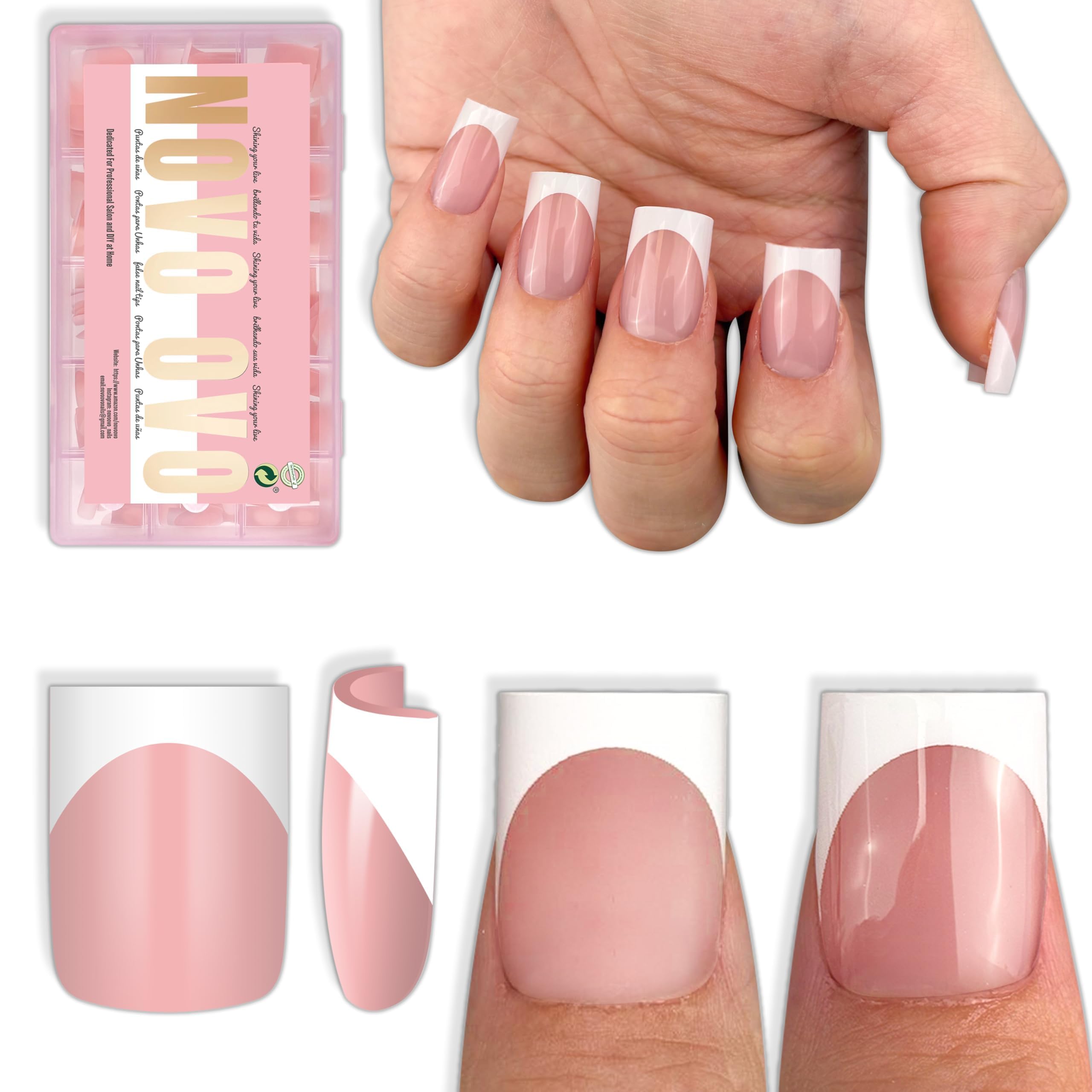 NOVO OVO Krótkie ostre kwadratowe białe francuskie tipsy do paznokci Press on BABY PINK, krótkie ostre kwadratowe paznokcie, lakier hybrydowy, pełna pokrycie do paznokci DIY x 15 rozmiarów 240 sztuk