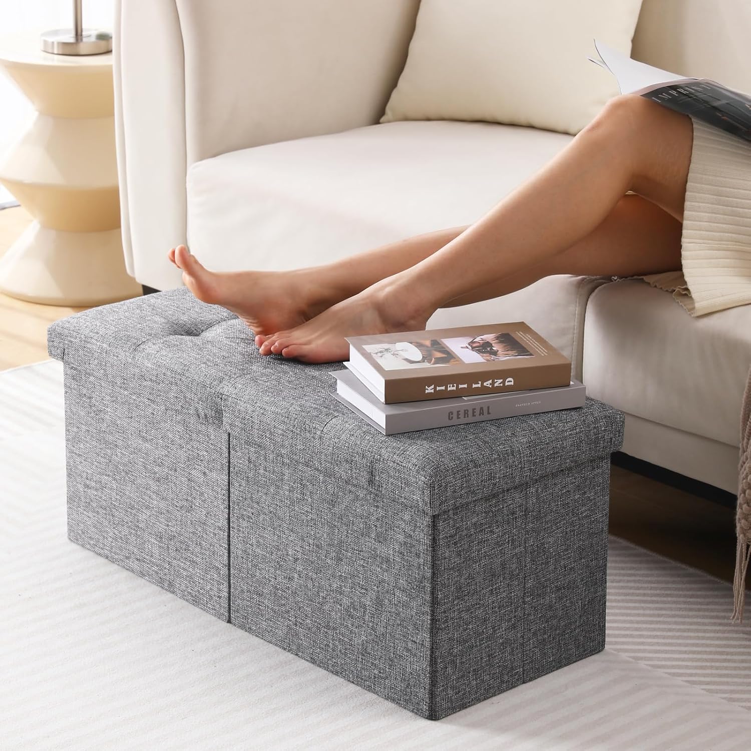 CUYOCA Storage Ottoman Bench Foldable Seat Footrest Shoe Bench End of Bed Storage with Flipping Lid, 75L Storage Space, 30 inches Linen Fabric Dark Grey