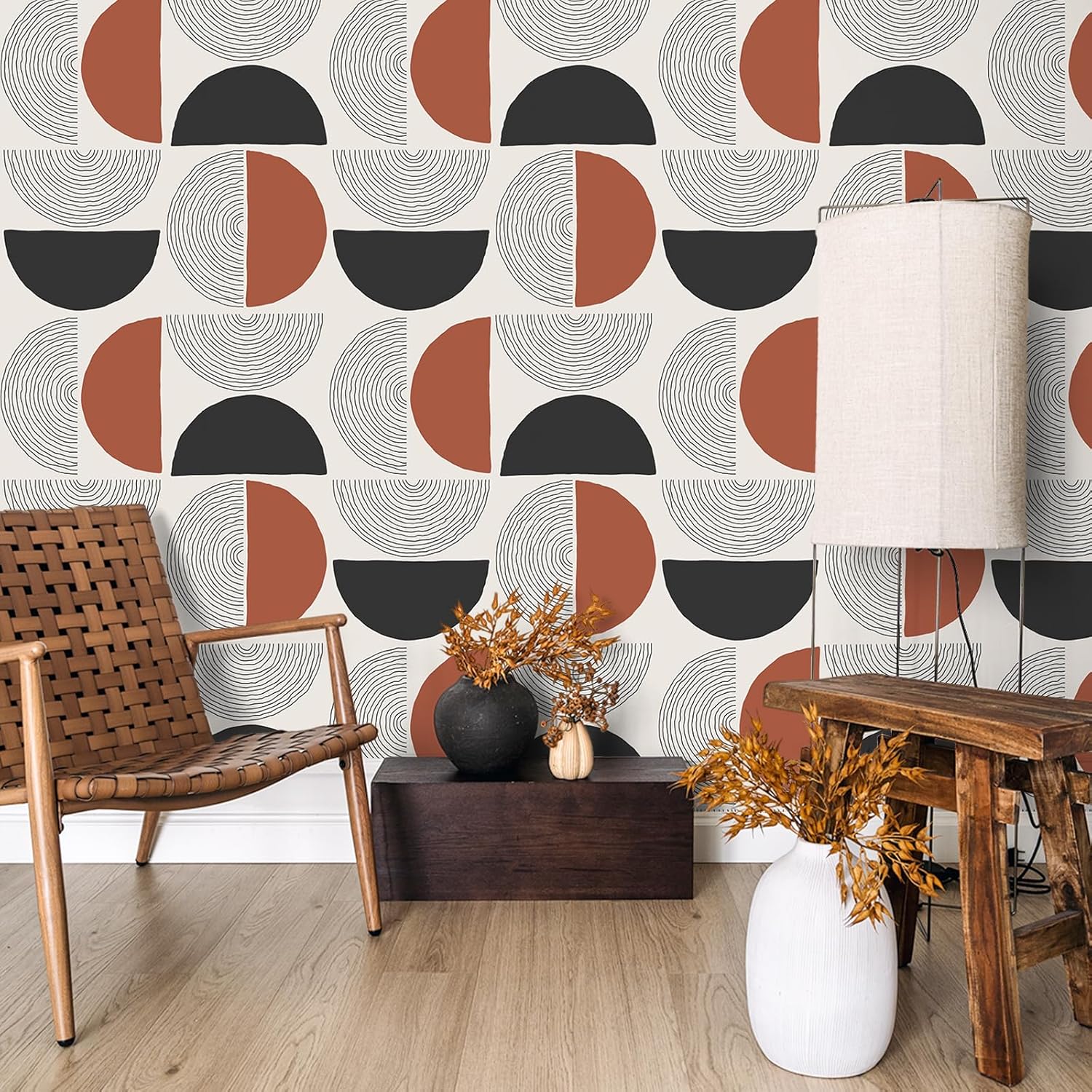 VEELIKE Abstract Half Circles Geometric Peel and Stick Wallpaper Modern Mid Century Wallpaper 17.7''x354'' Self Adhesive Boho Geometric Contact Paper Removable Art Deco Wall Paper for Bedroom Bathroom