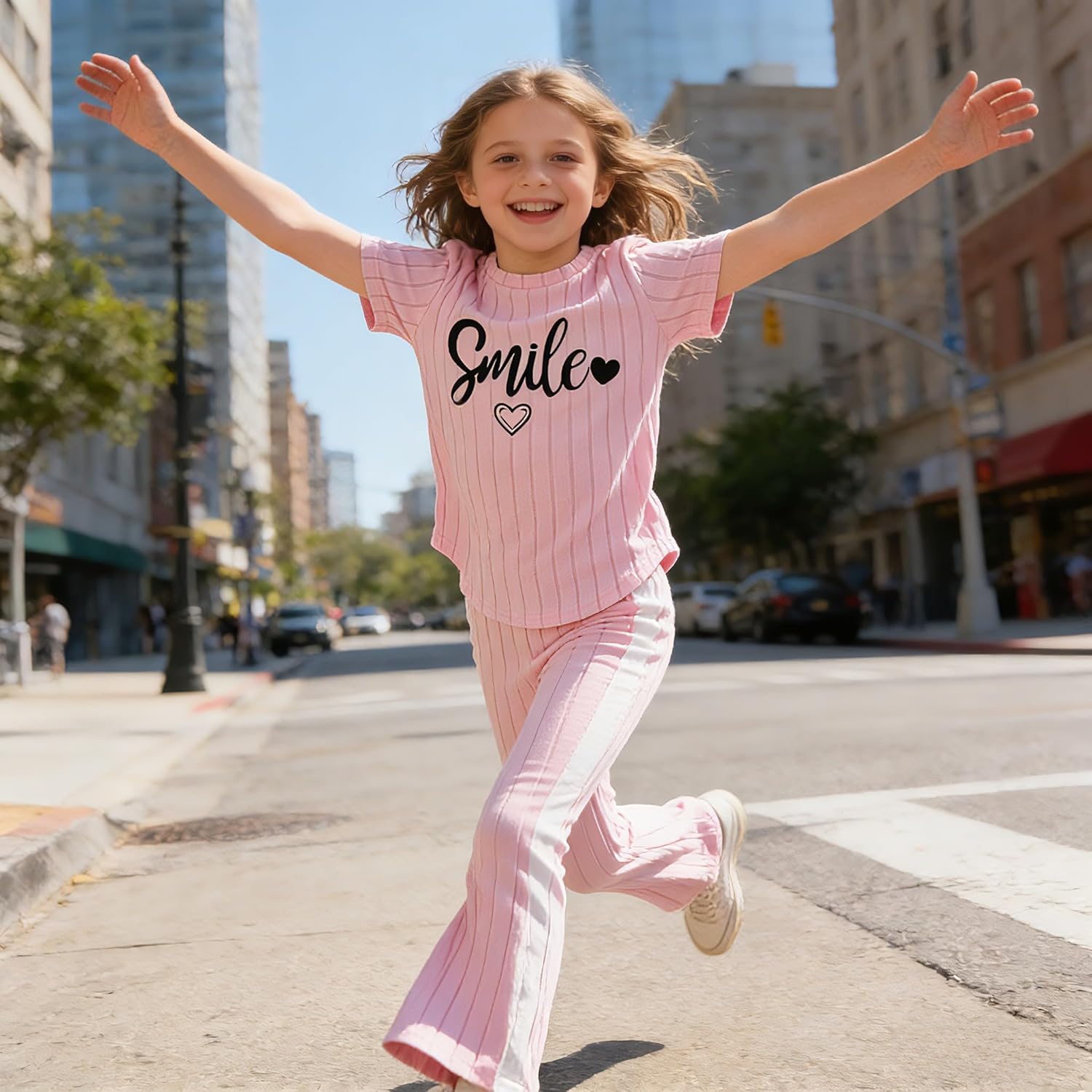 Girls 2PCS Outfits Short Sleeve Smile Tops & Flared Pants Summer Trendy Kids Clothes Teen Girls Clothing Set 8-13Y - Image 5