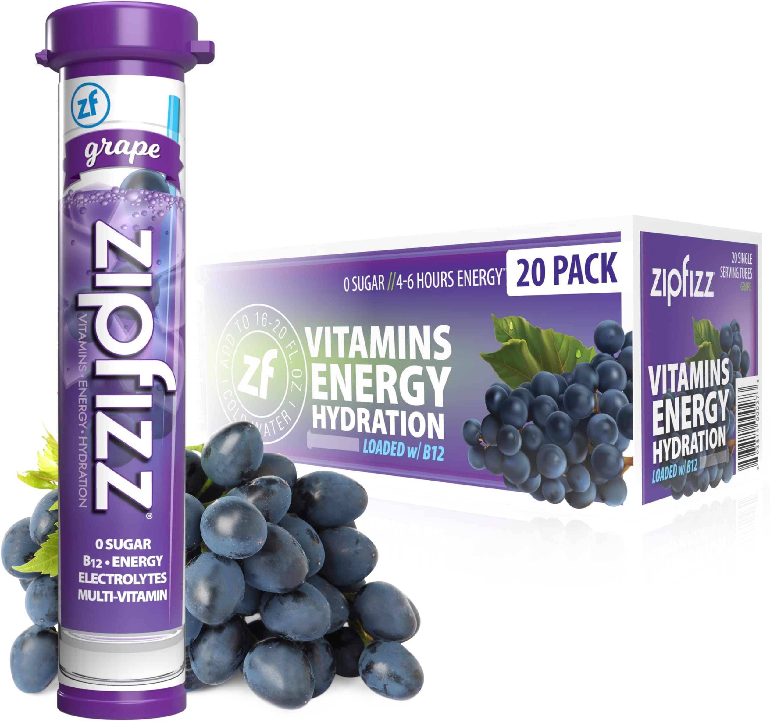 Zipfizz Daily Energy Drink Powder, Grape, 20 Pack | 3-in-1 Sustained Energy, Rapid Hydration, and Essential Vitamins | Sugar-Free | Electrolyte Powder | Contains Vitamin B-12 & Antioxidants