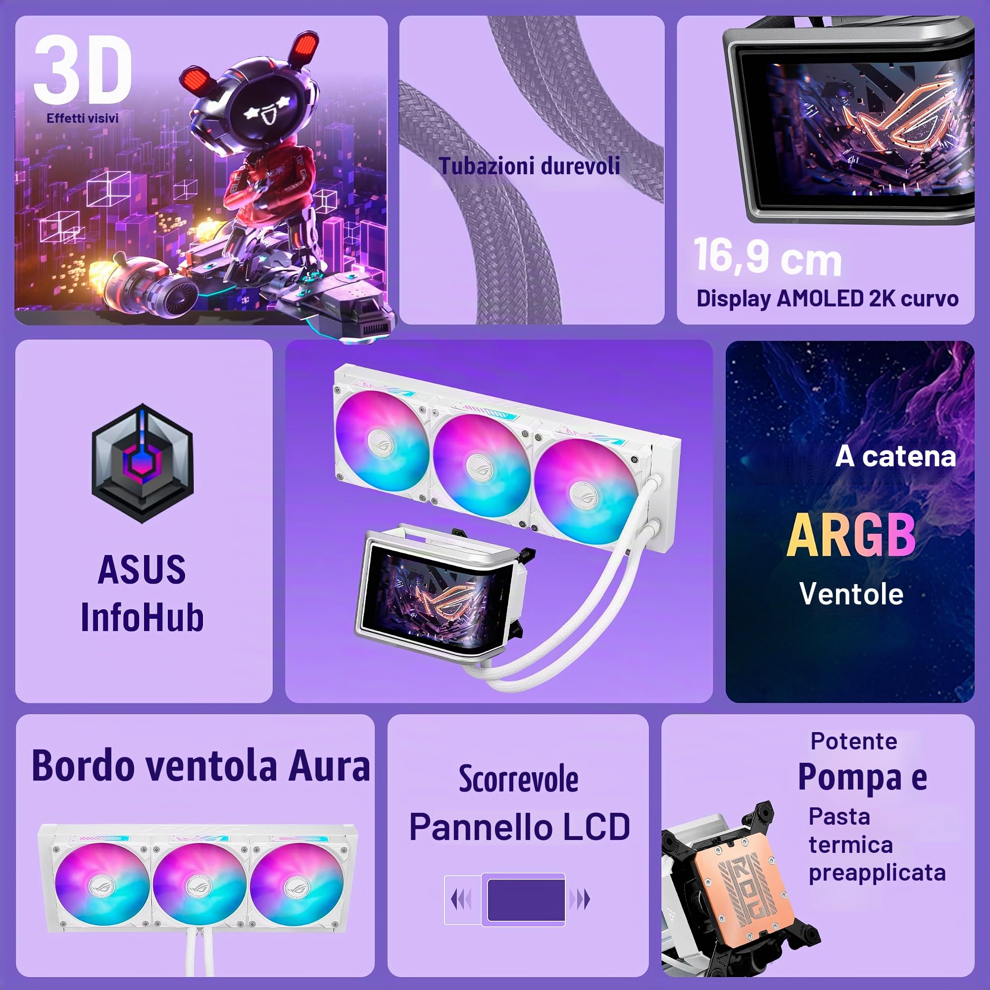 ASUS ROG RYUO IV 360 ARGB WHT, Dissipatore a Liquido con Schermo Curvo 2K AMOLED da 6,67" per Effetti 3D, Tubi da 400mm, Ventole ARGB, Compatibile con Intel LGA 1851 e 1700 e AMD AM5 e AM4, Bianco