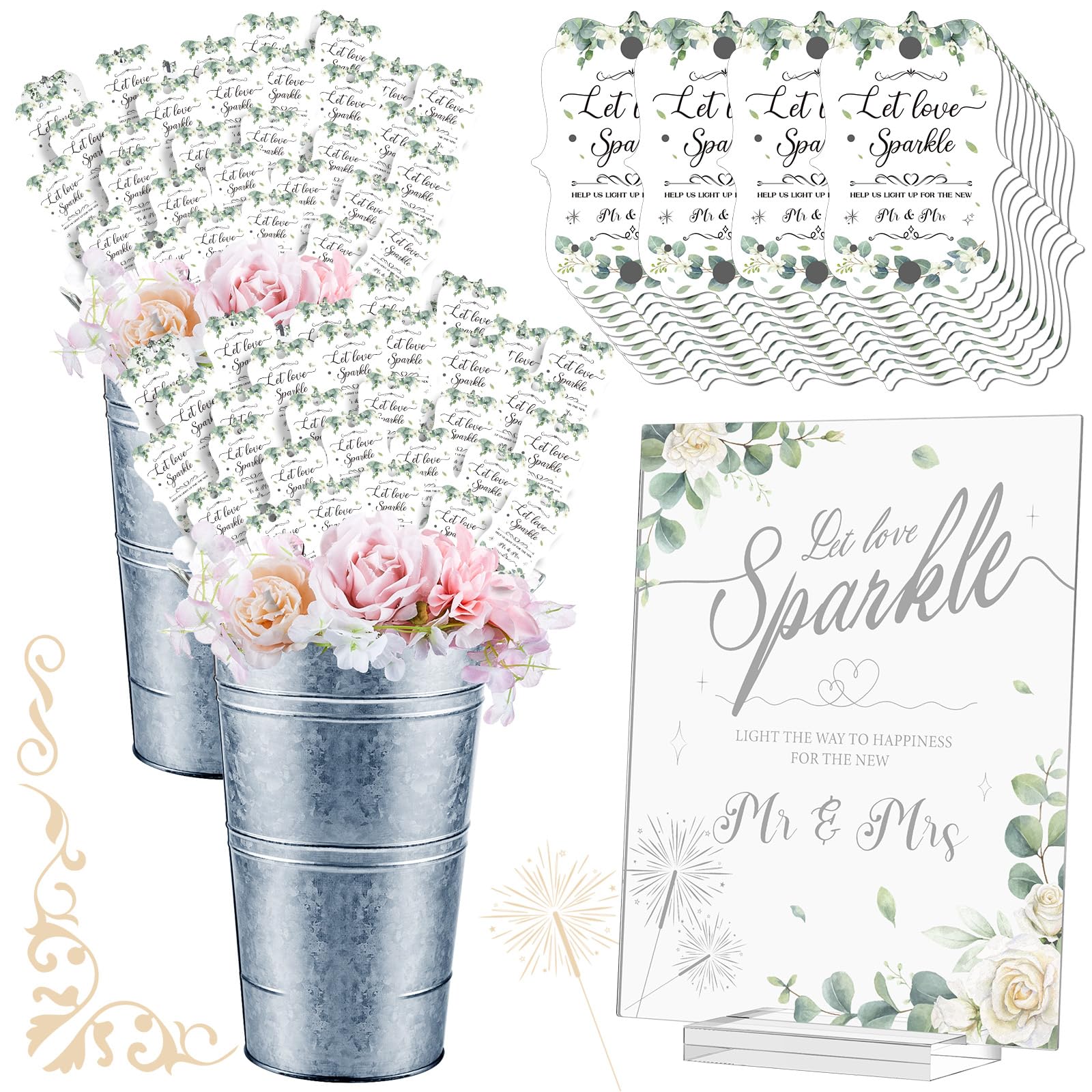 Henoyso Greenery Hochzeits-Wunderkerzen-Set beinhaltet 150 Wunderkerzen-Anhänger, 1 Acryl-Hochzeitsschild mit Ständer, 2 verzinkte Metalleimer für Tischdekoration, Party-Dekorationen (Silber)