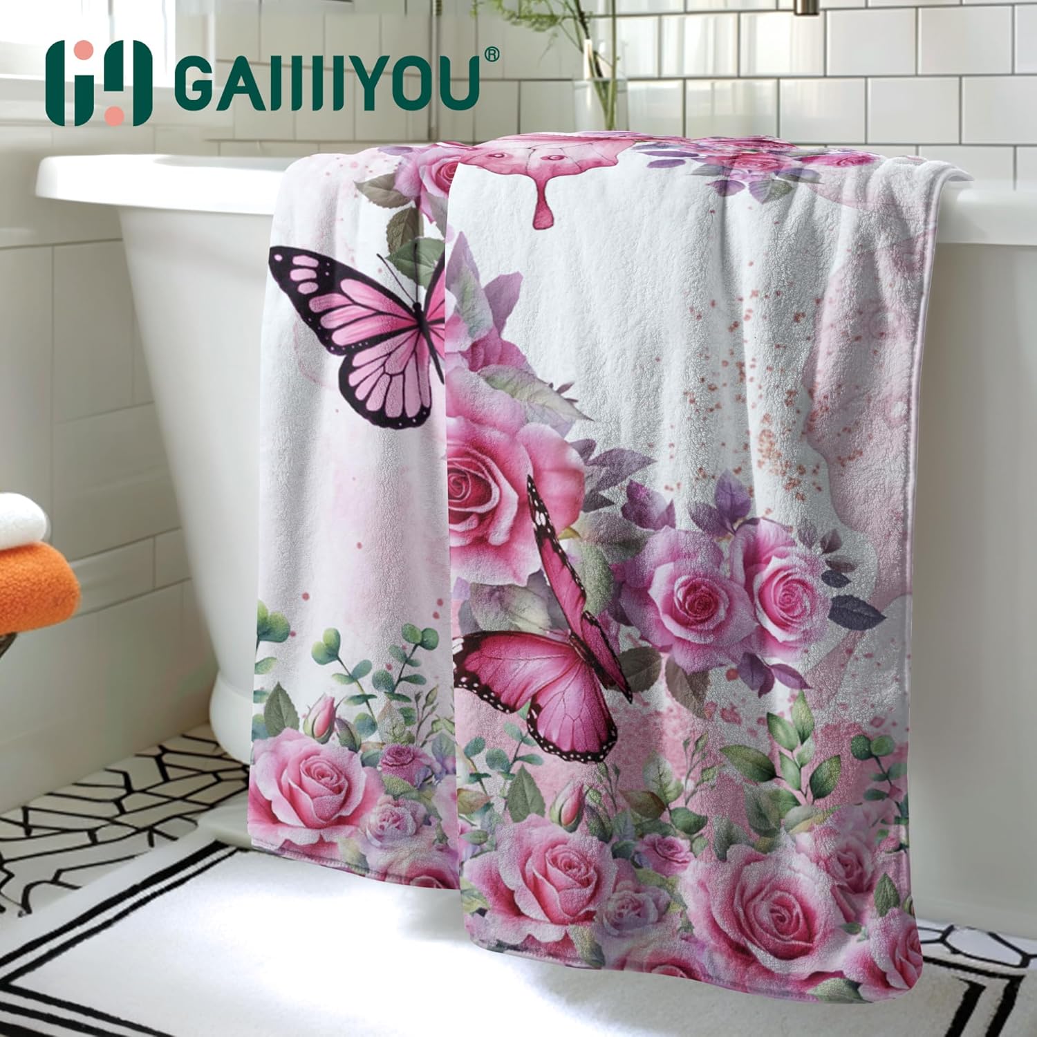 Pink Butterfly Flowers Bath Towel - Spring Rose Microfiber Beach Towel Decorative Bath Sheet for Women Bathroom
