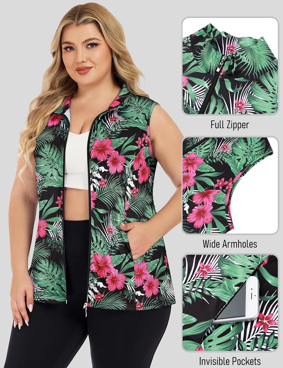 Misyula Style Plus Size Womens Golf Shirt Sleeveless Quick Dry Full-Zip Workout Tank Tops with Pockets XL-5XL