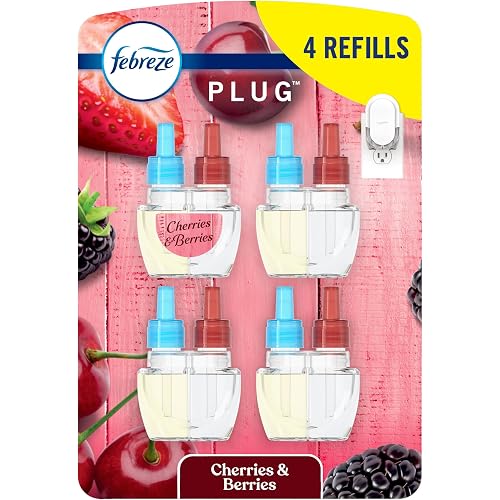 Febreze Plug In Air Freshener, Odor-Fighting Scented Oil Refill, Air Fresheners for Home and Bathroom and Kitchen, Long Lasting for Strong Odors, Cherries & Berries Scent, 0.87oz Refills, 4 Count