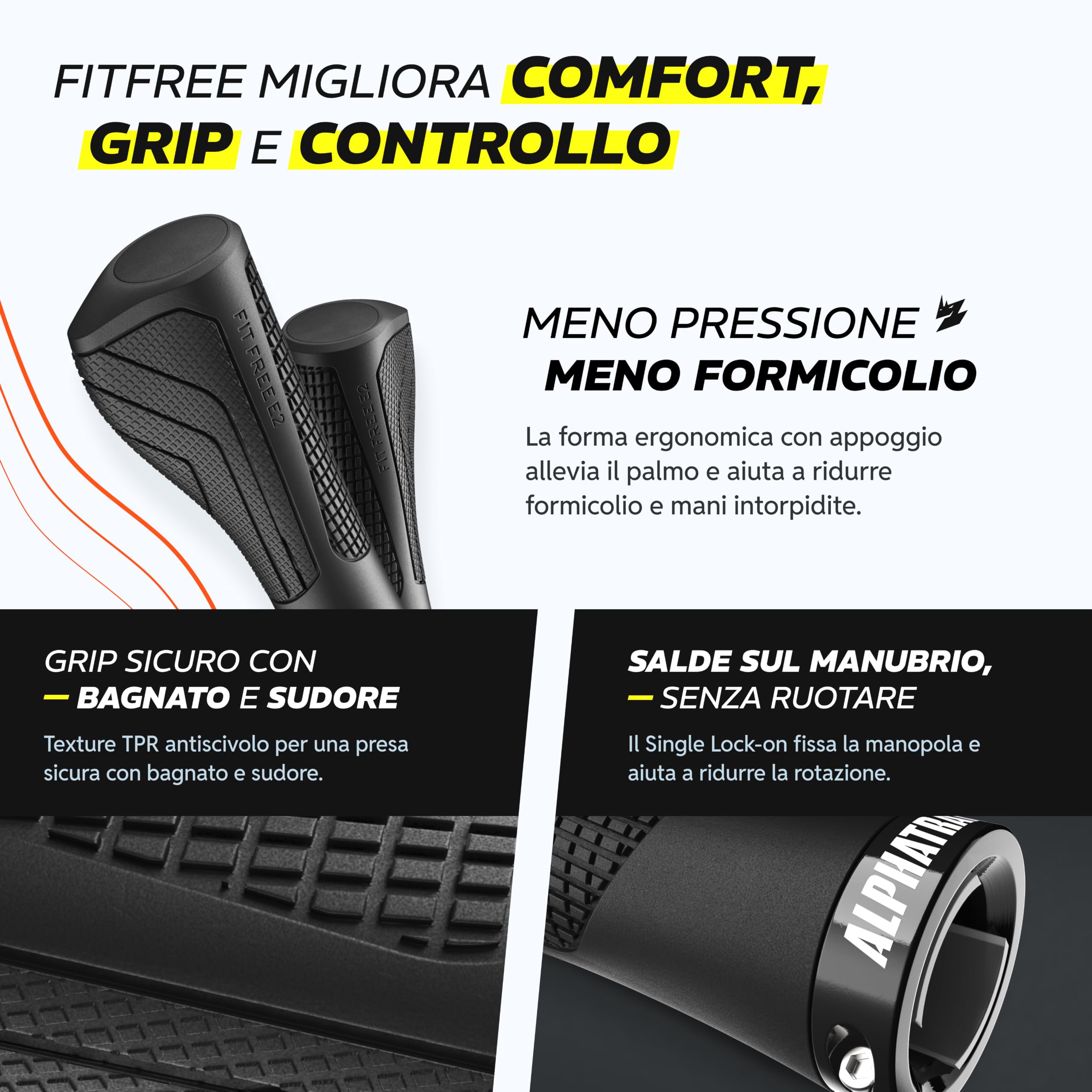 Alphatrail FitFree manopole MTB ergonomiche con feeling naturale, manopole bici ergonomiche lock-on 22,2 mm, 1 paio, manopole ergonomiche bici per tour, trekking & e-bike