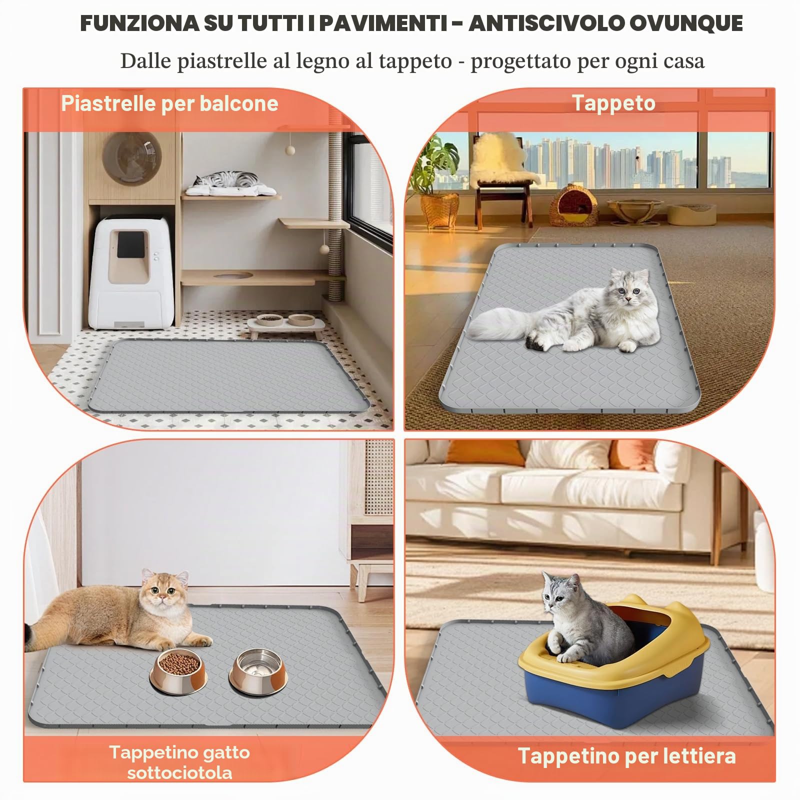 Tappetino per lettiera in silicone XXL 88 × 56 cm, impermeabile, antiscivolo e facile da pulire, tappetino extra per lettiera per gatti, grigio, zampe di gatto amichevole, per ciotola e lettiera per