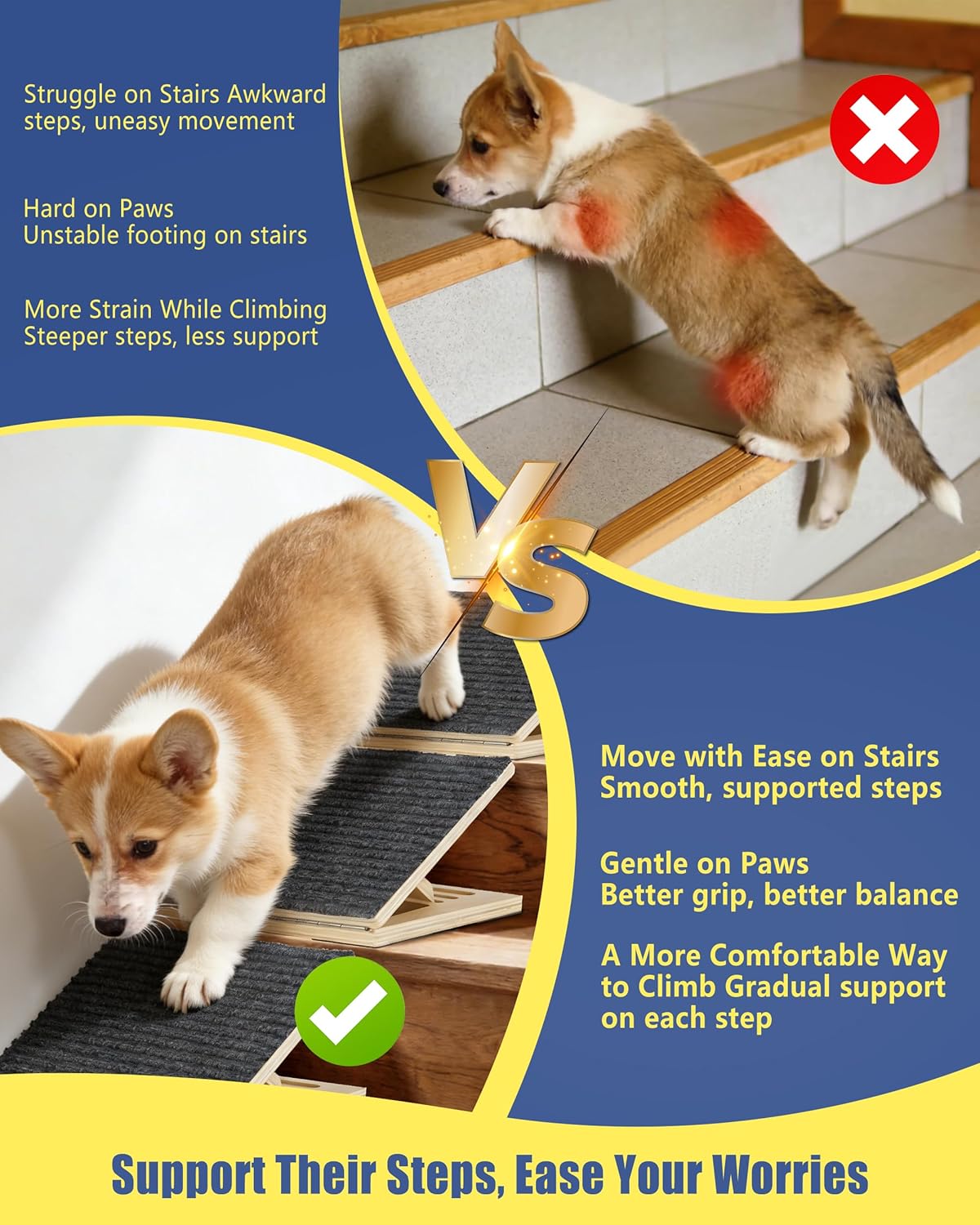 Pet Stair Ramp for Small Dogs, 4 Pack Foldable Wooden Dog Steps for Stairs, Anti-Slip Low-Angle Support for Senior, Short-Legged & Injured Pets