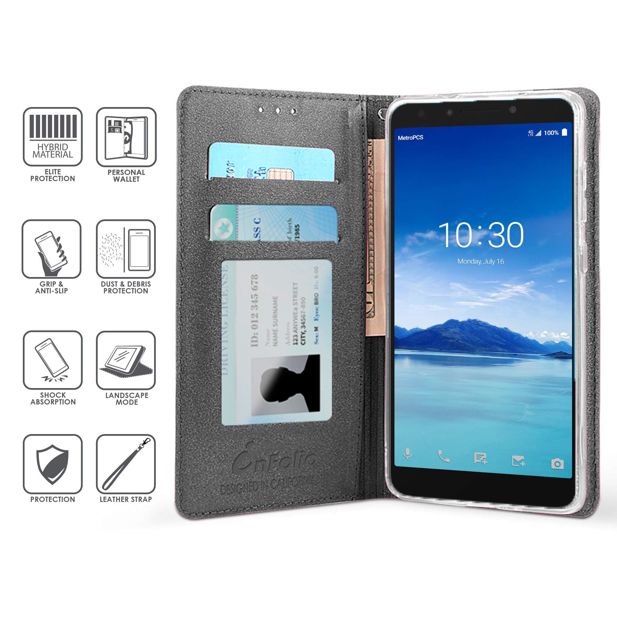 Beyond Cell INFOLIO Compatible with Alcatel 7/ Alcatel Folio/ReVVL 2 Plus Case/Infolio Glitter Wallet Cover with Wrist Strap Invisible Magnetic Closure - Black