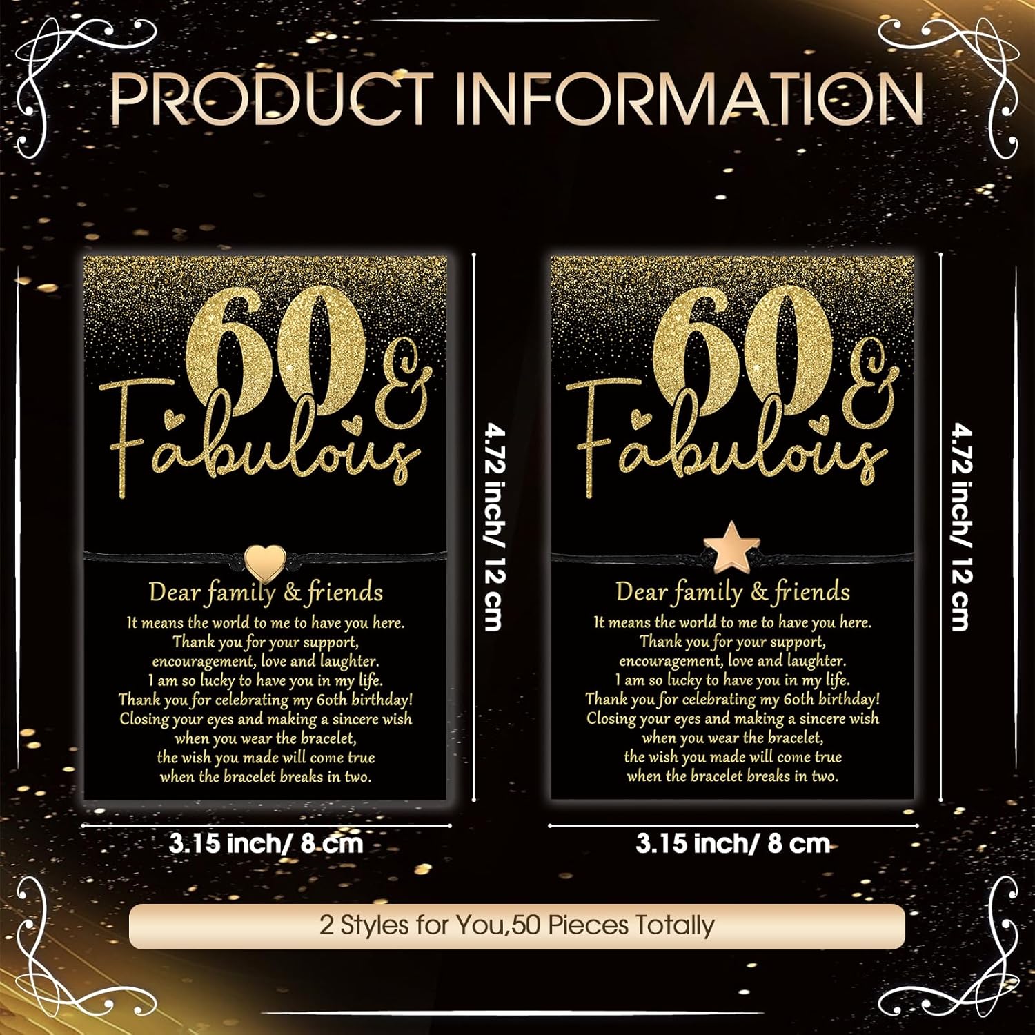 Misdary 40th 50th 60th 70th Birthday Party Gift for Women Adjustable Wish Bracelets with Heart Star Charm Thank You Card for Anniversary Mom Men Guests Souvenirs Favors(25,60th Birthday) - Image 3