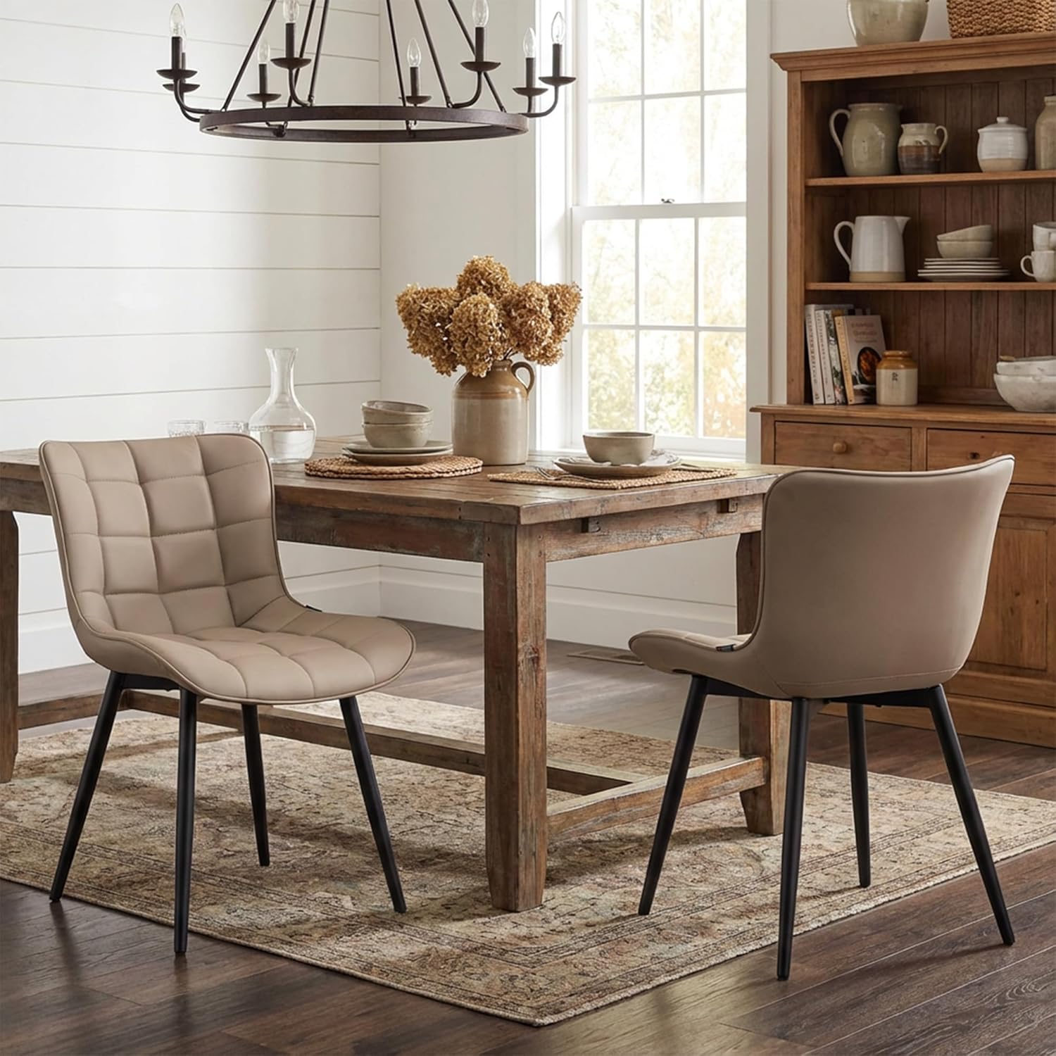 YOUTASTE Khaki Dining Chairs Set of 2, Comfy Faux Leather Upholstered Kitchen Chairs with Black Metal Legs, Mid-Century Modern Design, Accent Chair for Dining Room, Bedroom, Reception