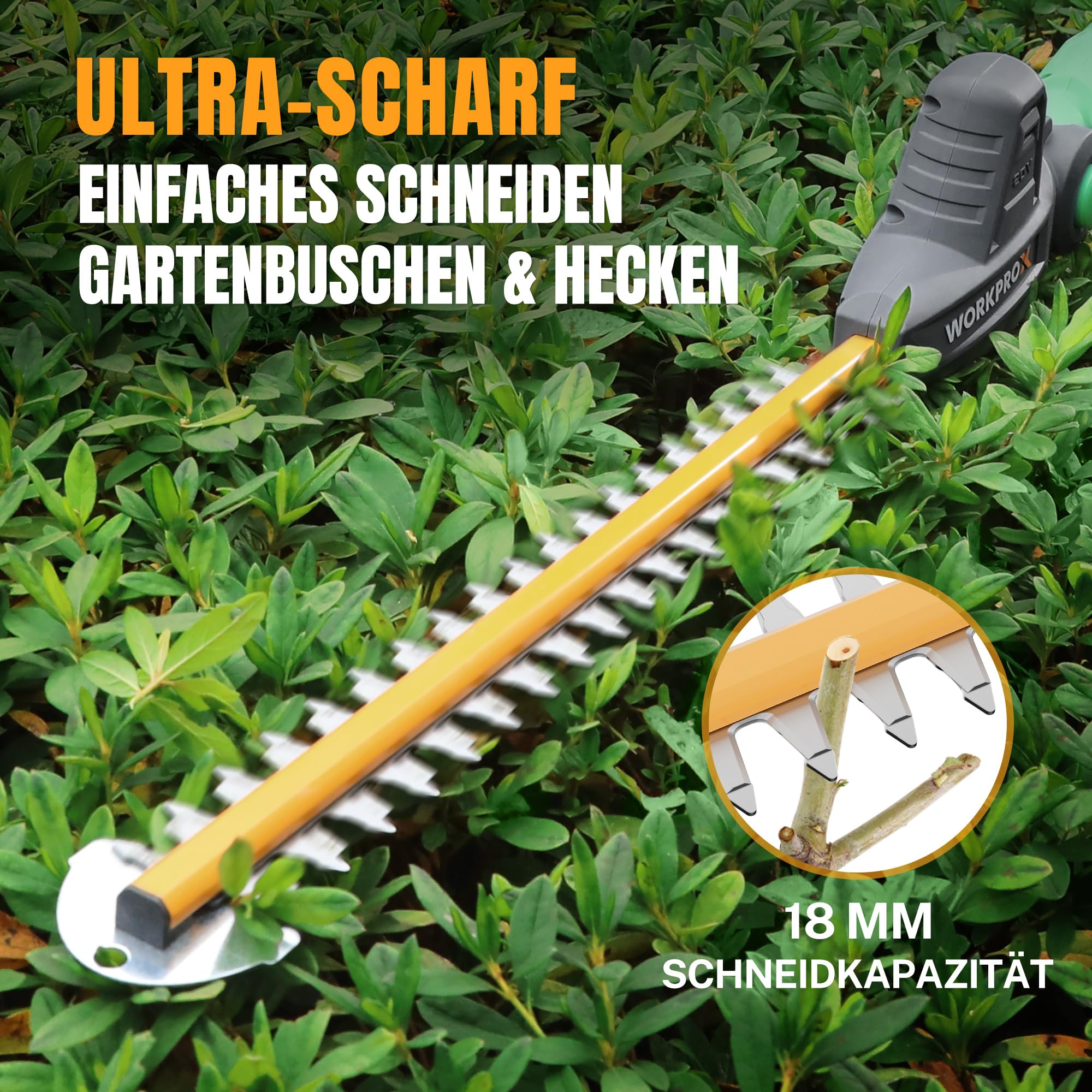 WORKPROX Akku Teleskop-Heckenschere 20V mit 2,0Ah Batteie & Typ-C Ladekabel, 2,8m Heckenschere Schnittlänge 45cm, Ø18mm, Heckentrimmer mit Teleskopstange für Garten, Hohen Hecken & Sträucher