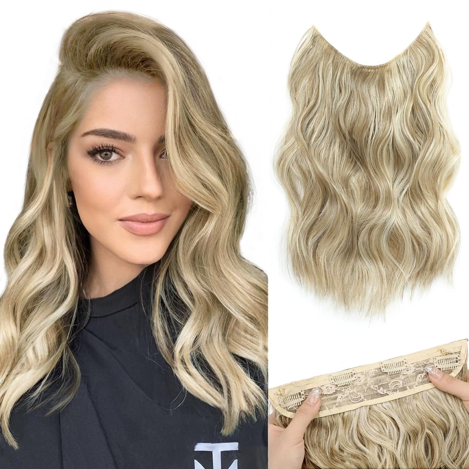 Halo Hair Extensions - Clip In Hair Extension With Transparent Invisible Wire Halo Hair Extensions 16 Natural Black | Real Human Hair  main image 4