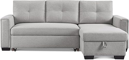 American Furniture Classics Sofá cama modular copetudo gris claro con almacenamiento, 92 x 59 x 36 pulgadas