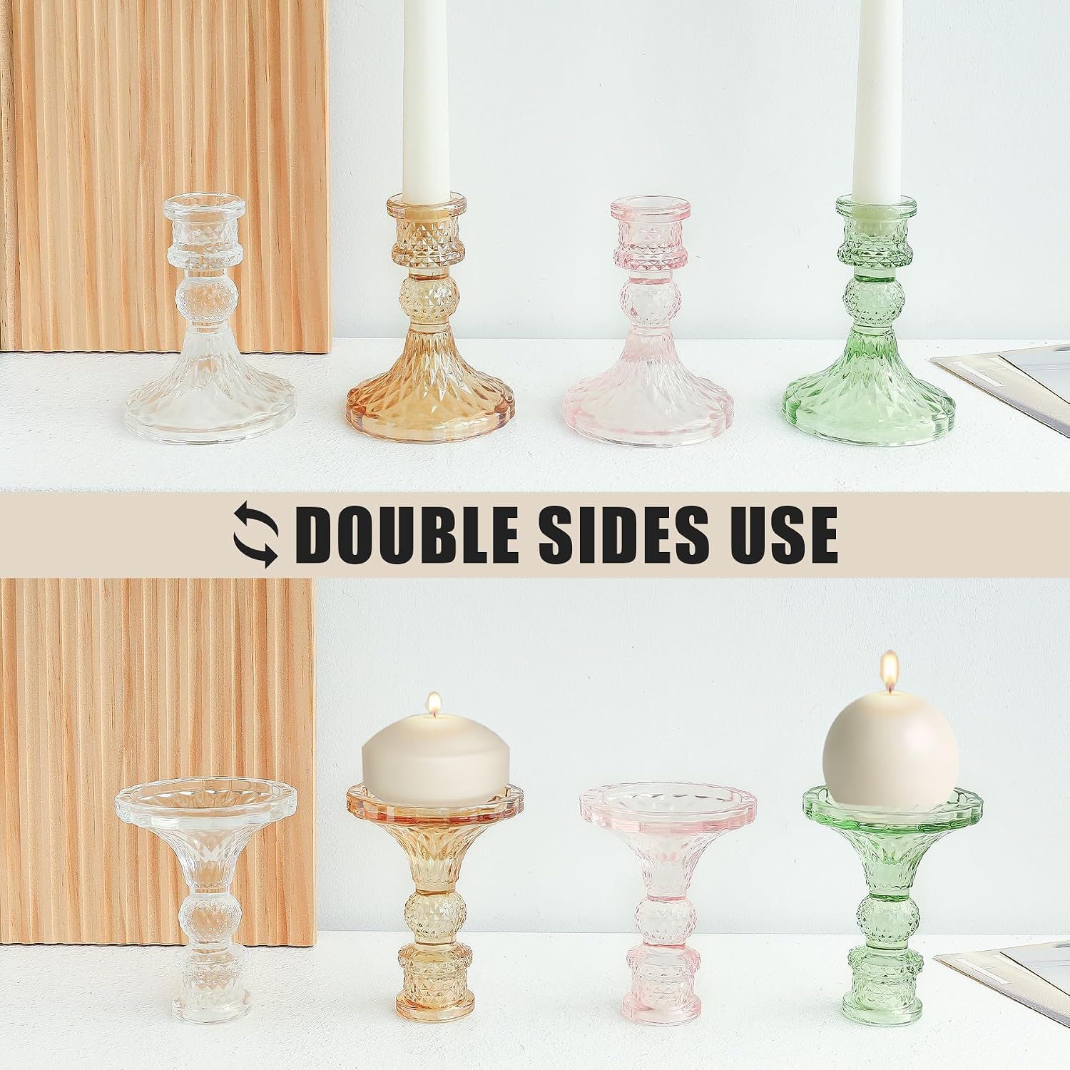 Colored Glass Candle Holders Set of 4 - Candle Sticks Holder Decor, Colored Glass Candlesticks Holder, Multiple Color Candle Holder for Wedding, Birthday Party, Home Decor